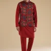Red Ajrakh Printed Kurta Jacket Set