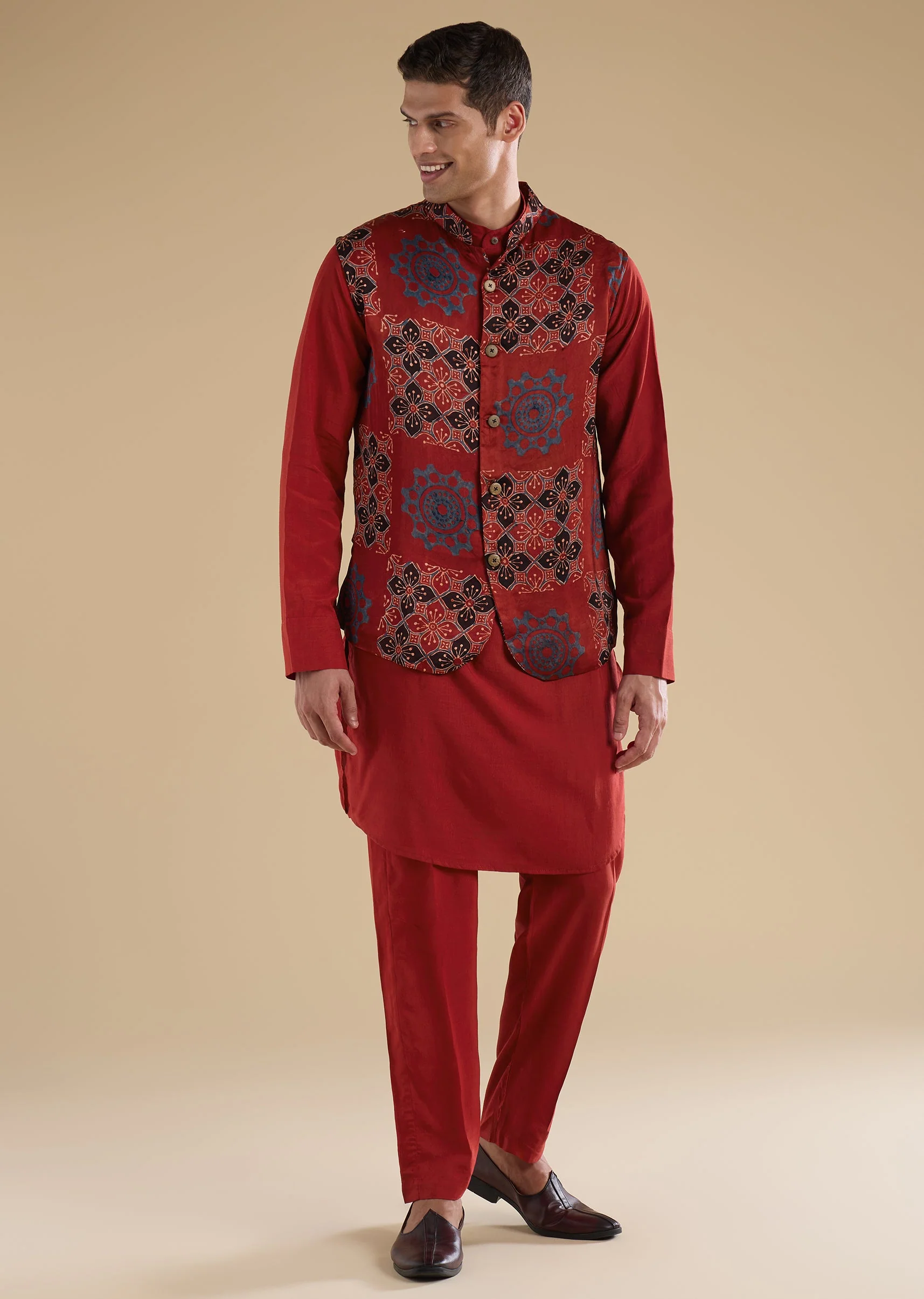 Red Ajrakh Printed Kurta Jacket Set