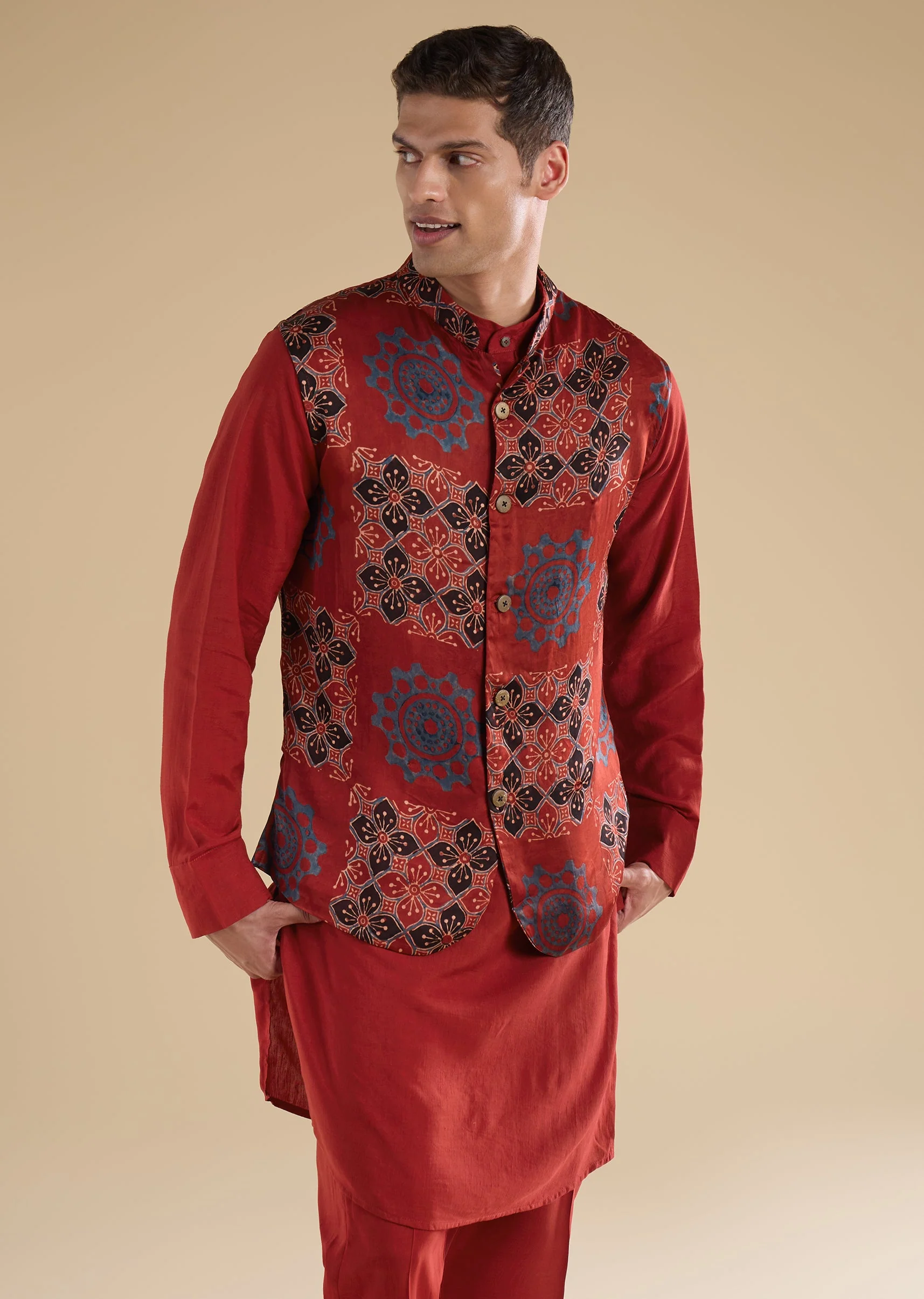 Red Ajrakh Printed Kurta Jacket Set