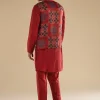 Red Ajrakh Printed Kurta Jacket Set