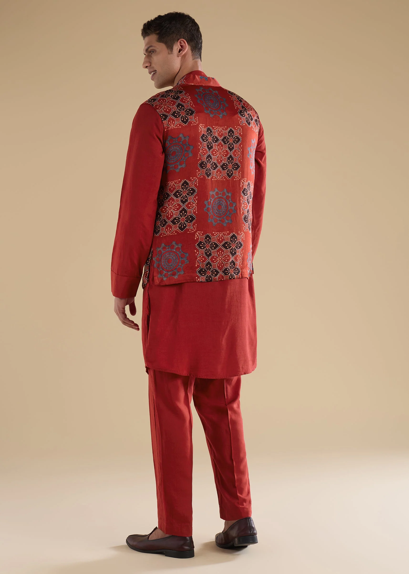 Red Ajrakh Printed Kurta Jacket Set