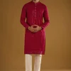 Red Silk Kurta Set For Men With Intricate Hand Embroidery