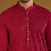 Red Silk Kurta Set For Men With Intricate Hand Embroidery