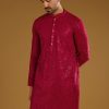 Red Silk Kurta Set For Men With Intricate Hand Embroidery