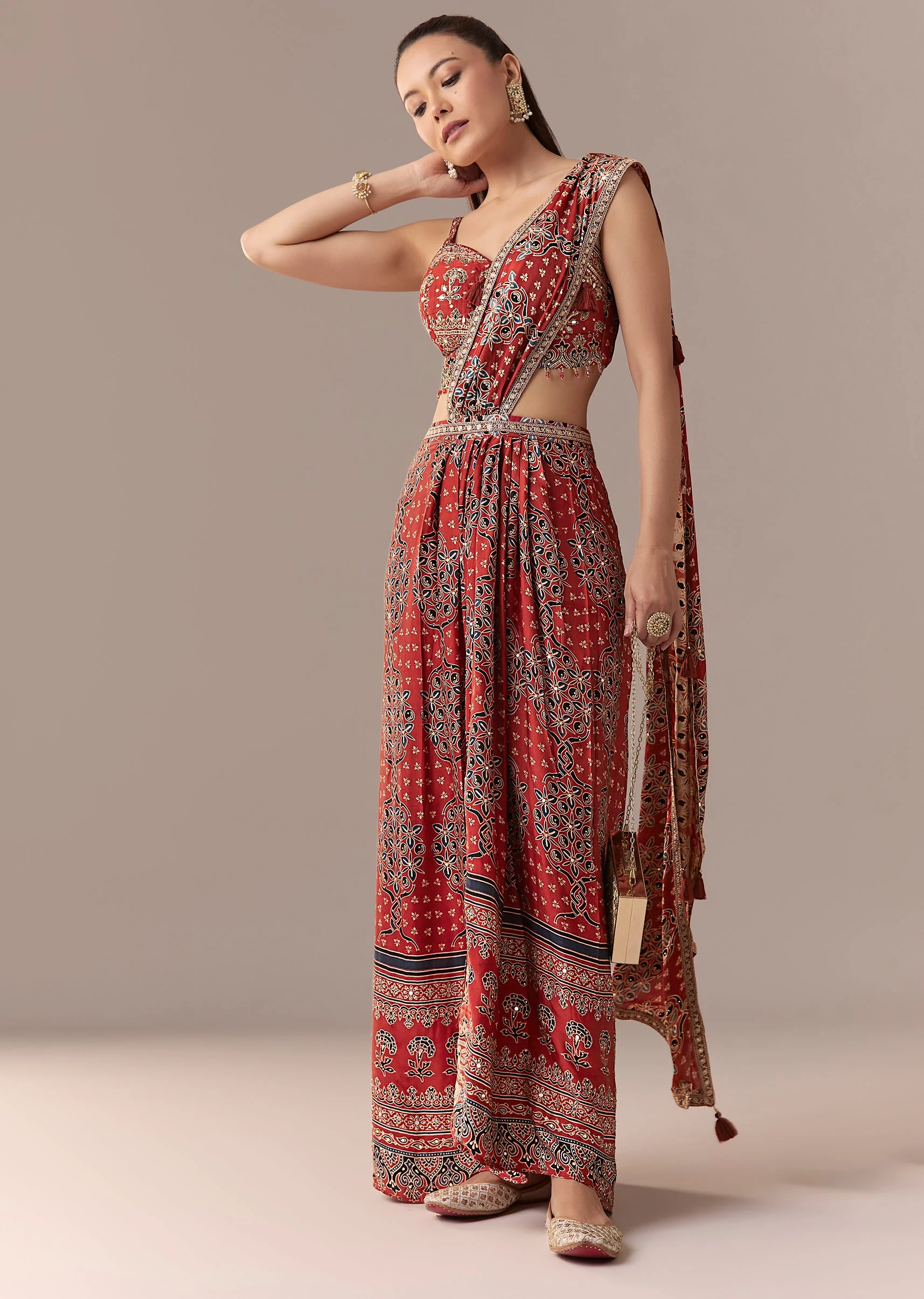 17024-maroon-ajrakh-pre-draped-saree-set-with-mirror-work-blouse-1.webp Maroon Ajrakh Pre Draped Saree Set With Mirror Work Blouse