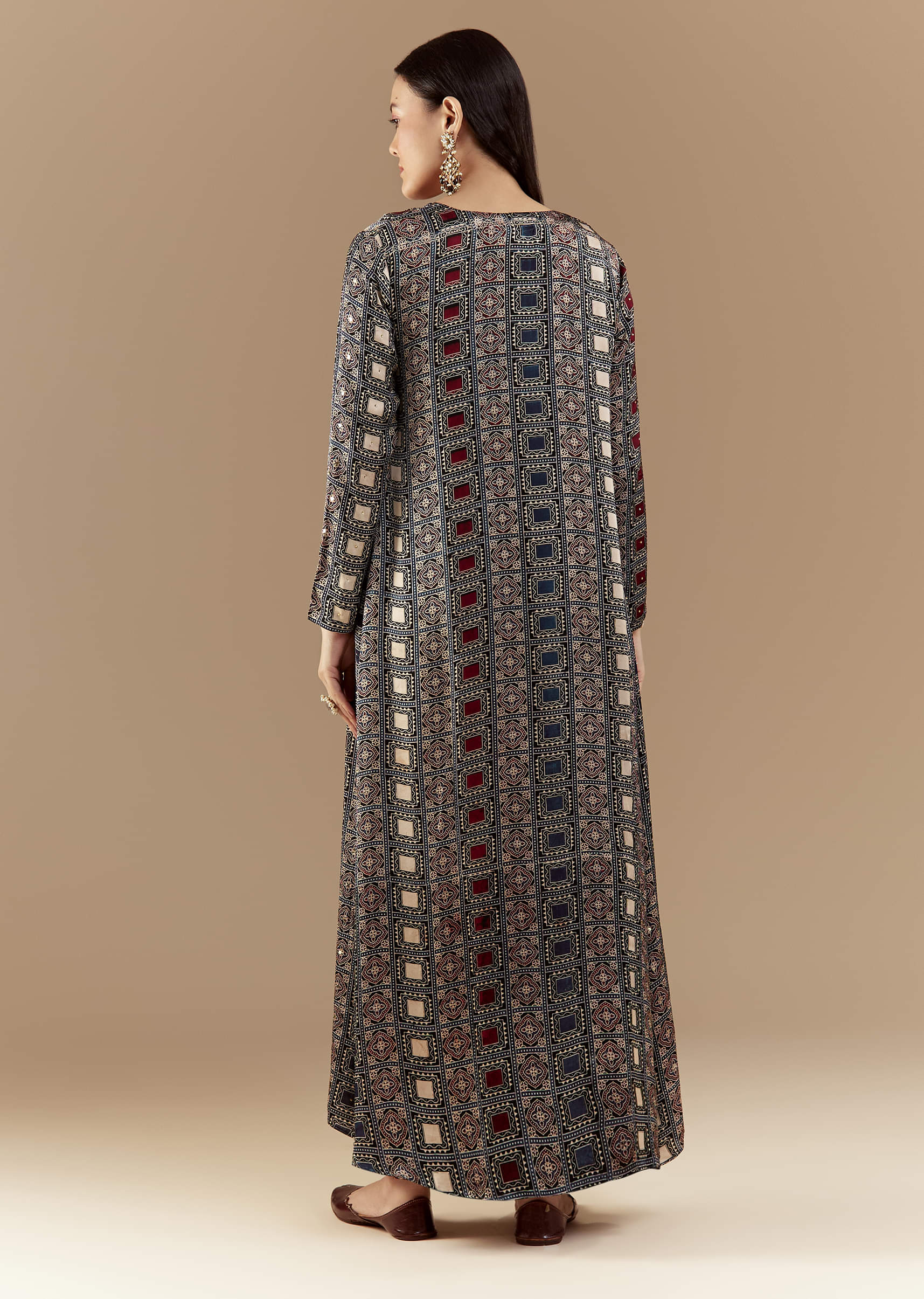 Black Crop Top and Skirt Set with Ajrakh