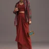 Red Ajrakh Printed Shirt And Croptop With Draped Skirt