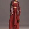 Red Ajrakh Printed Shirt And Croptop With Draped Skirt
