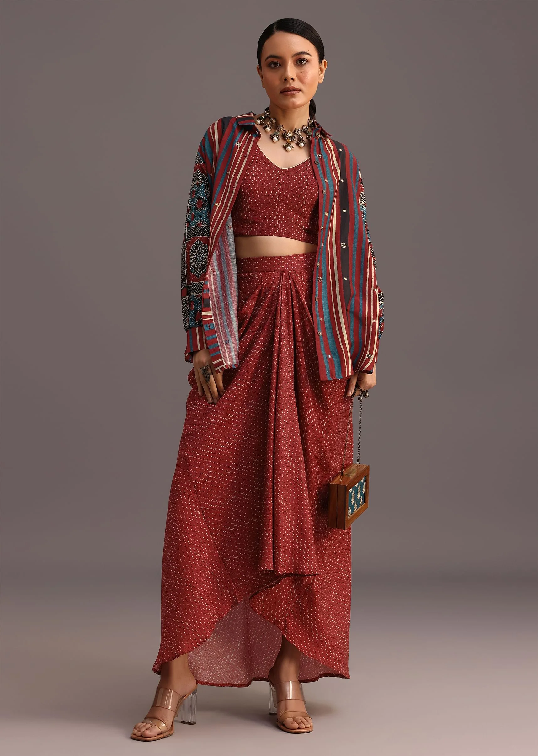 Red Ajrakh Printed Shirt And Croptop With Draped Skirt