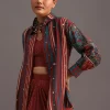 Red Ajrakh Printed Shirt And Croptop With Draped Skirt