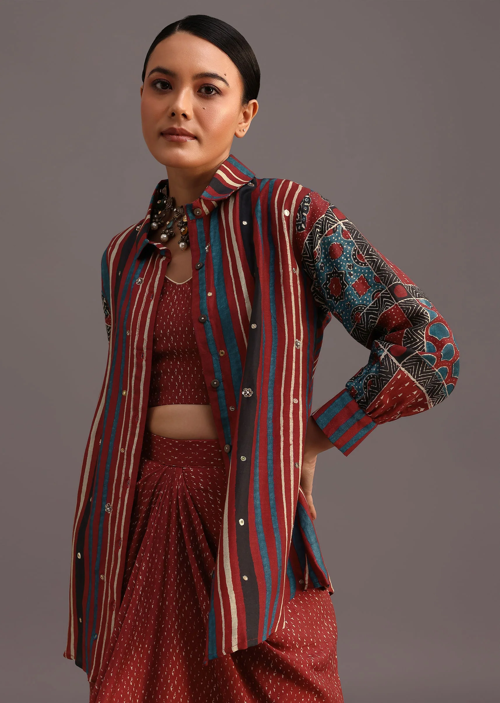 Red Ajrakh Printed Shirt And Croptop With Draped Skirt