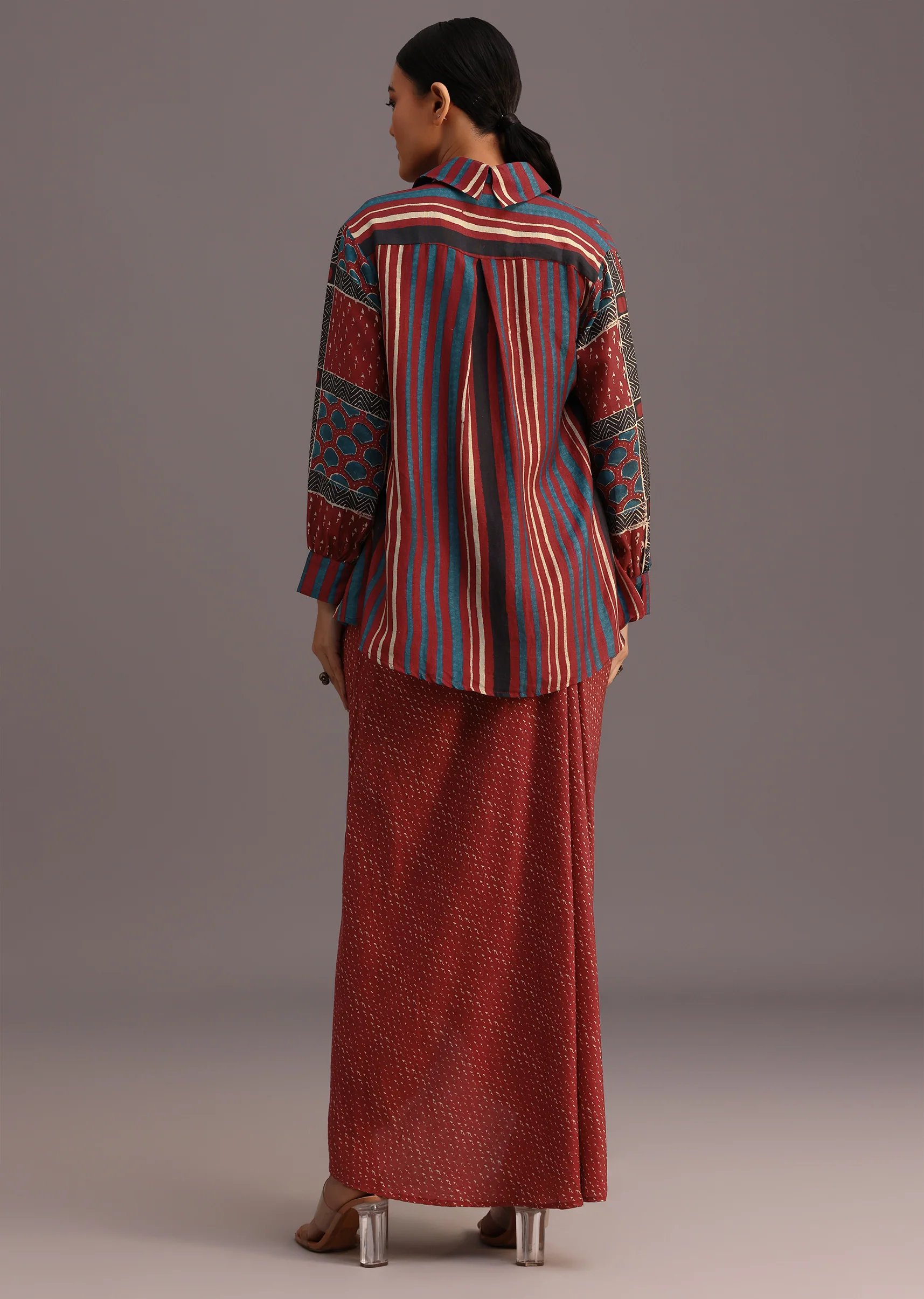 Red Ajrakh Printed Shirt And Croptop With Draped Skirt