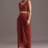 Red Ajrakh Printed Shirt And Croptop With Draped Skirt