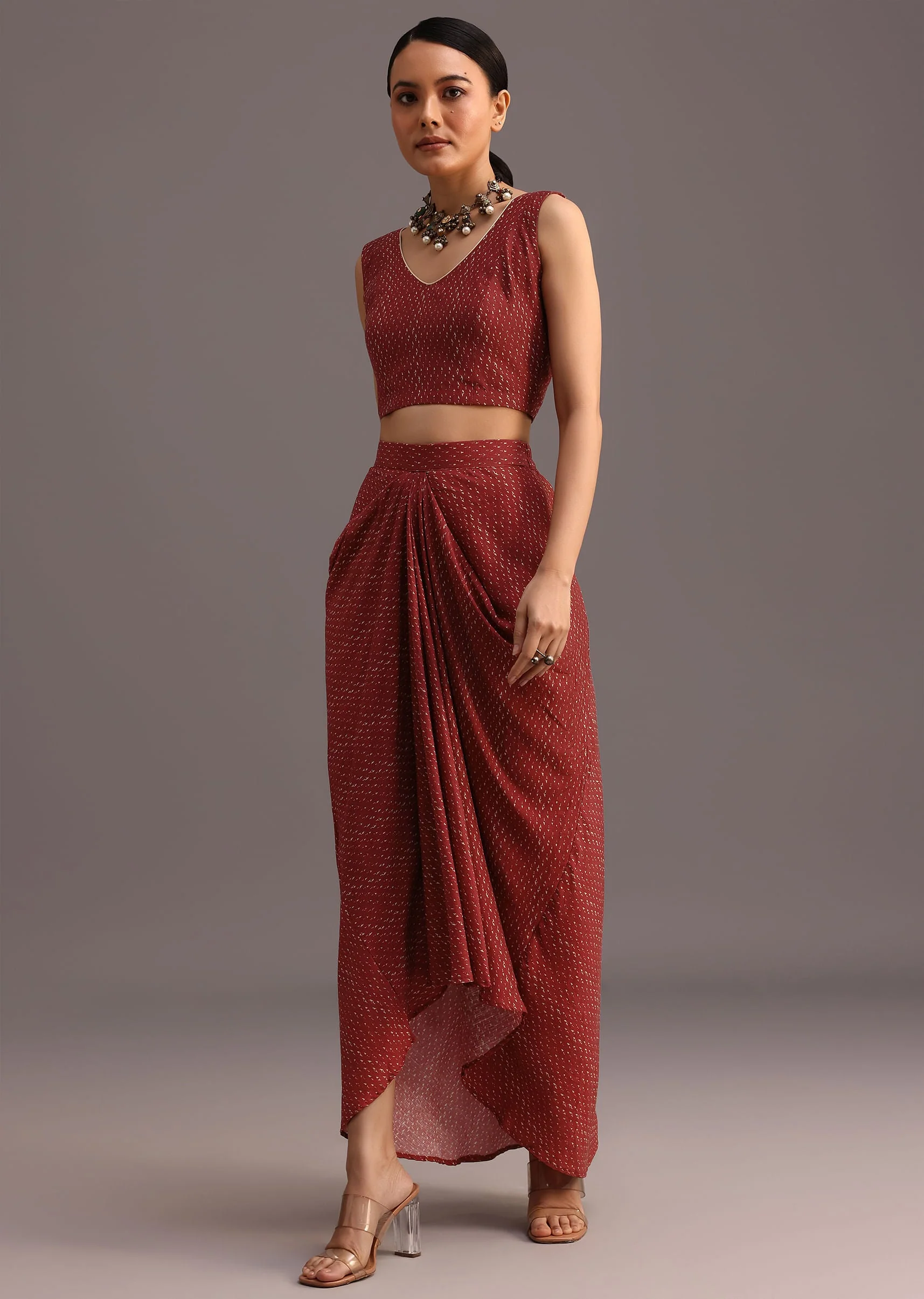 Red Ajrakh Printed Shirt And Croptop With Draped Skirt