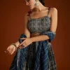 Blue Satin Ajrakh Printed Lehenga Choli With Dupatta