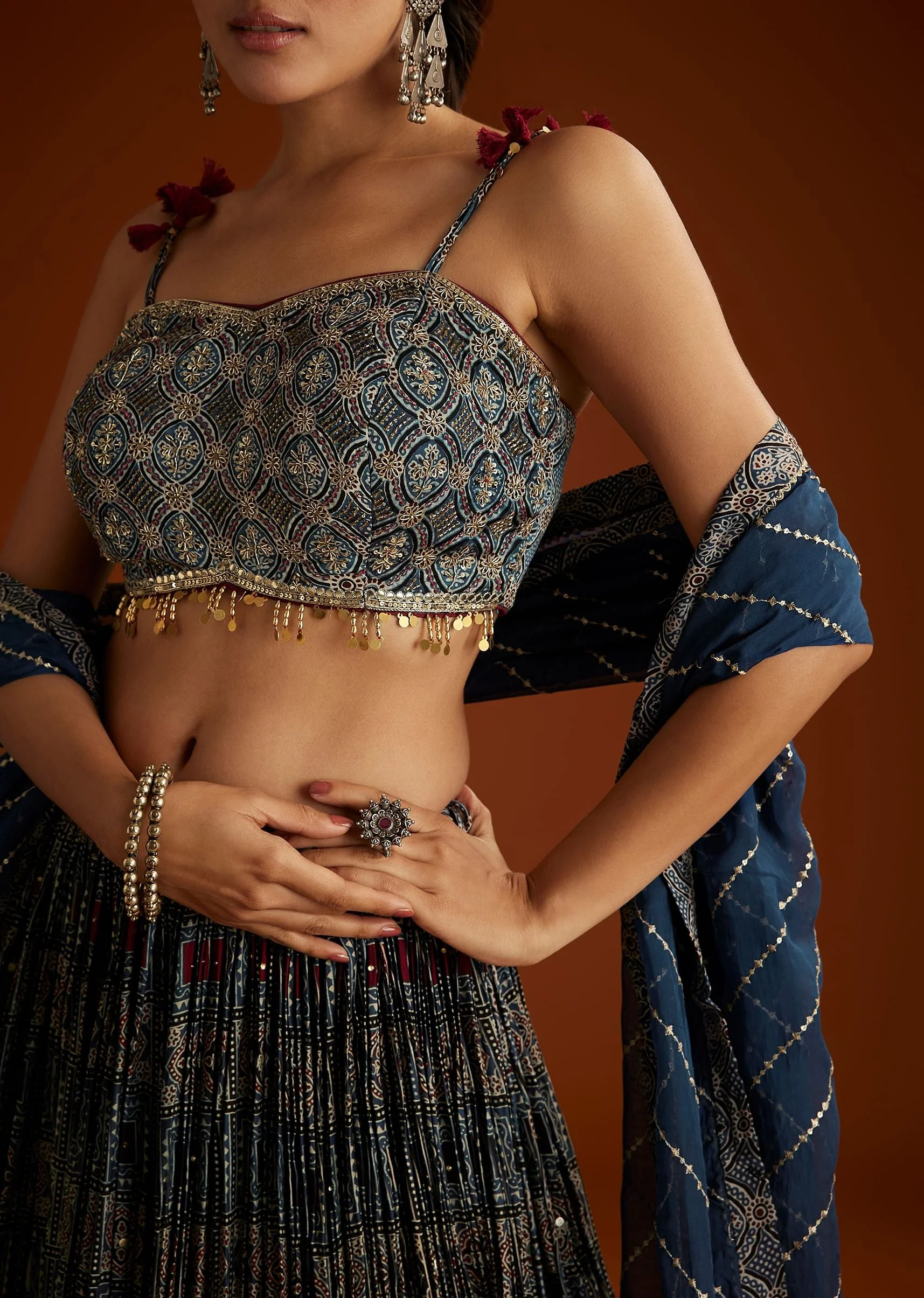 Blue Satin Ajrakh Printed Lehenga Choli With Dupatta