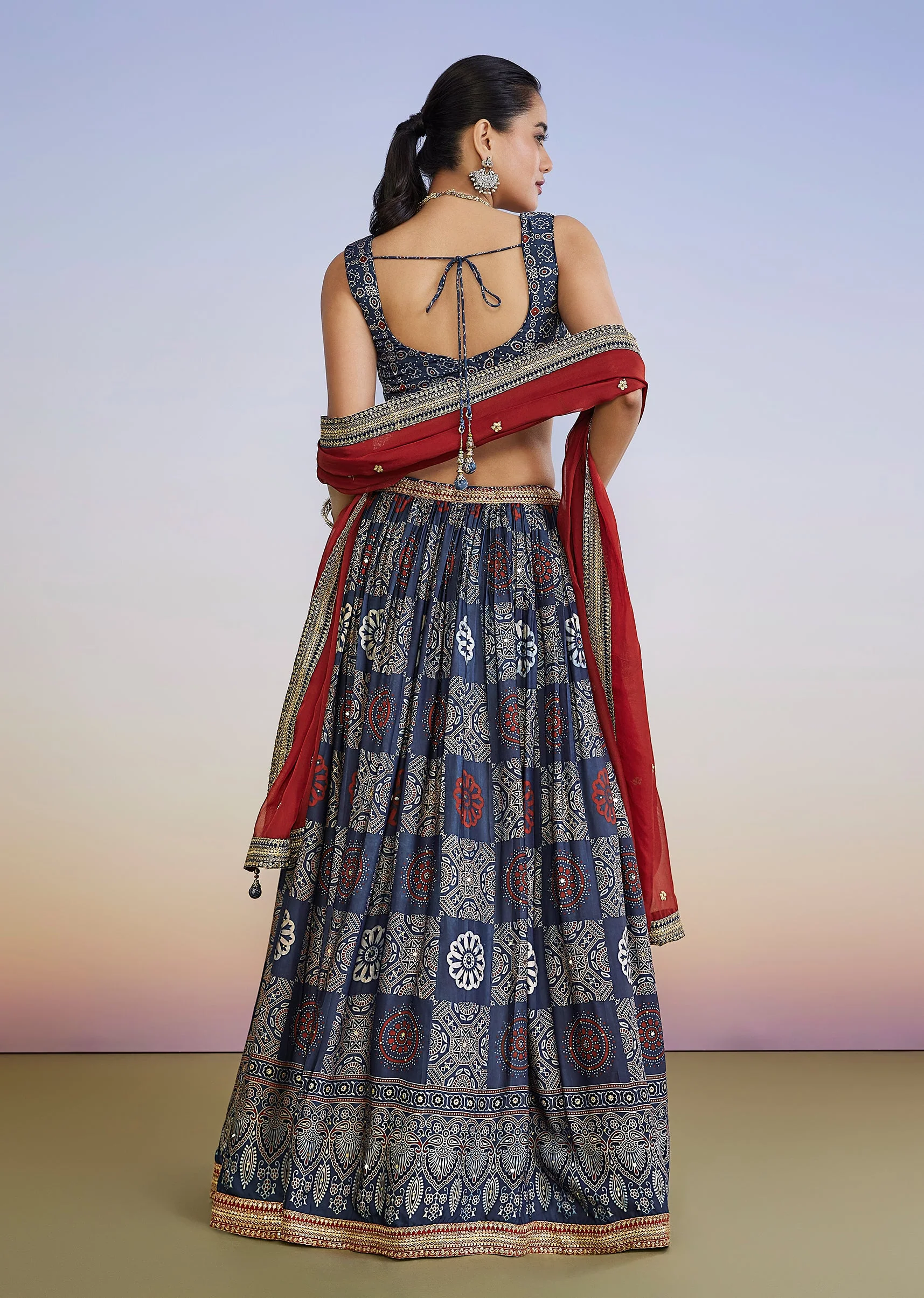 Blue Ajrakh Hand Dyed Printed Lehenga Set With Zari Dupatta
