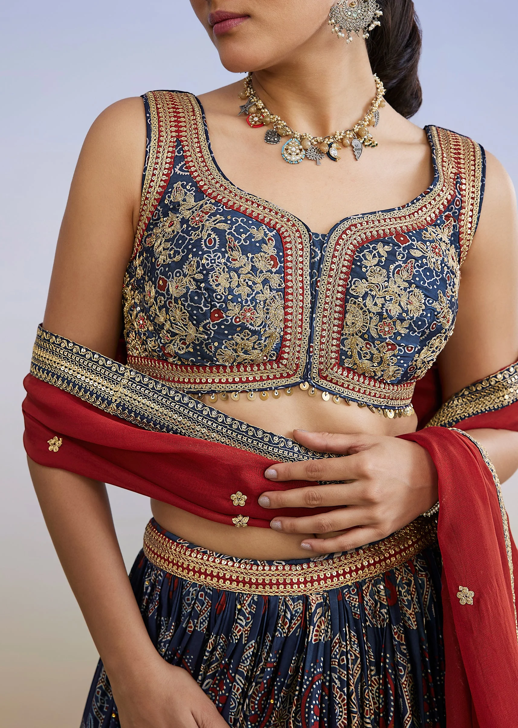 Blue Ajrakh Hand Dyed Printed Lehenga Set With Zari Dupatta