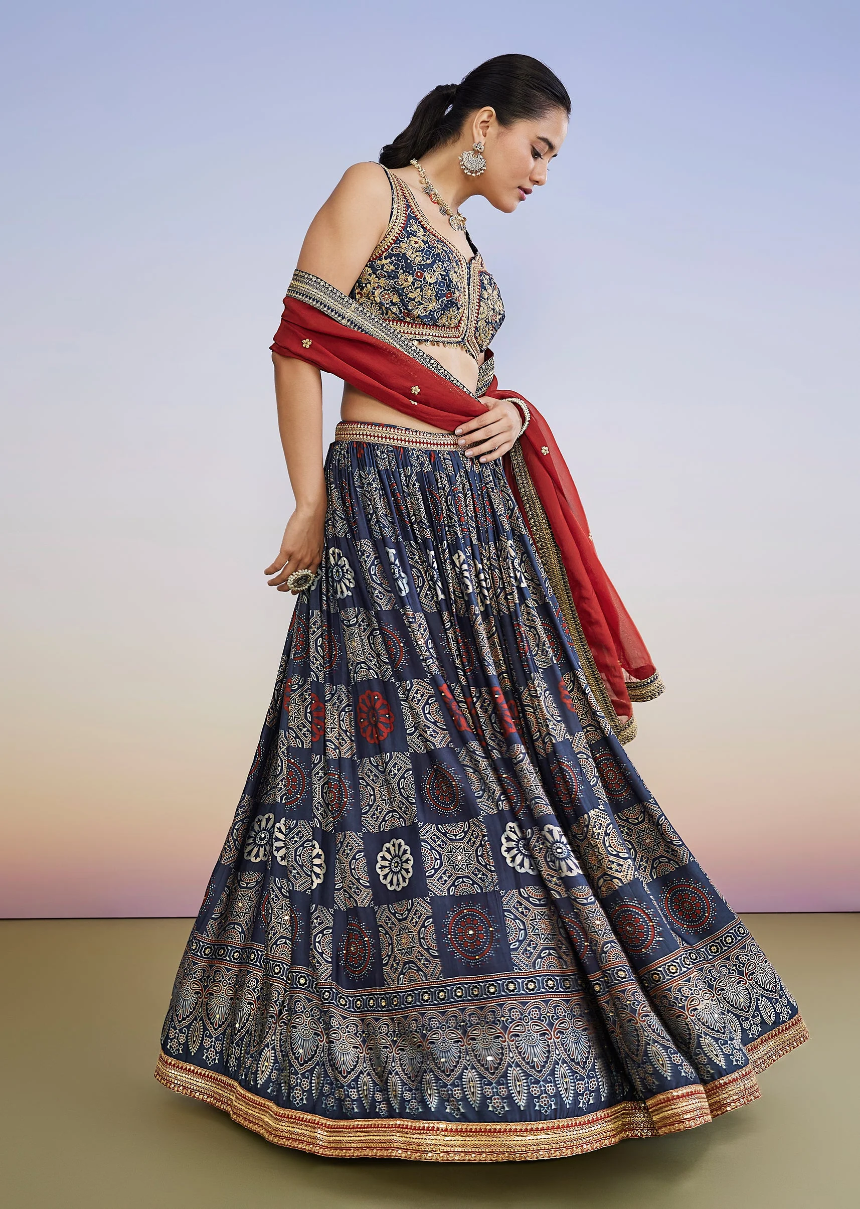 Blue Ajrakh Hand Dyed Printed Lehenga Set With Zari Dupatta