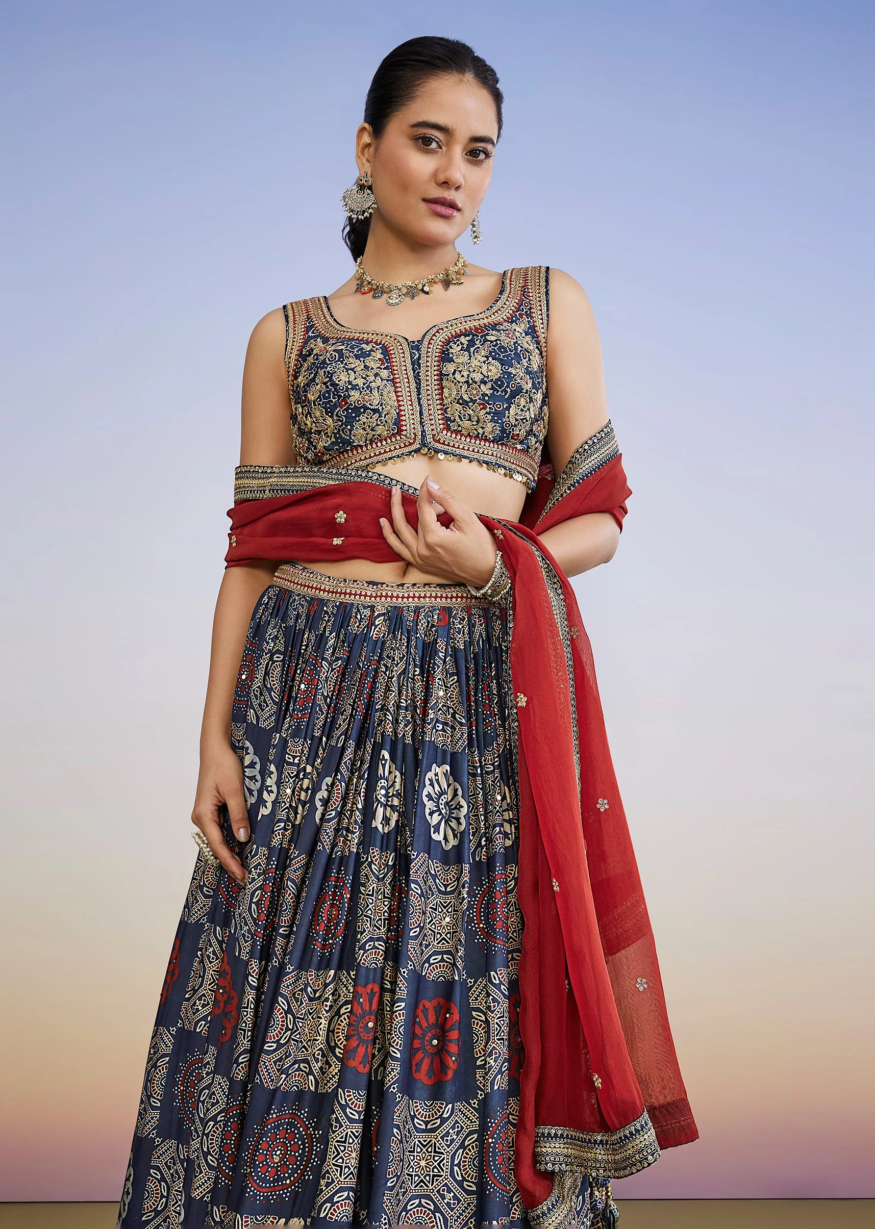 Blue Ajrakh Hand Dyed Printed Lehenga Set With Zari Dupatta