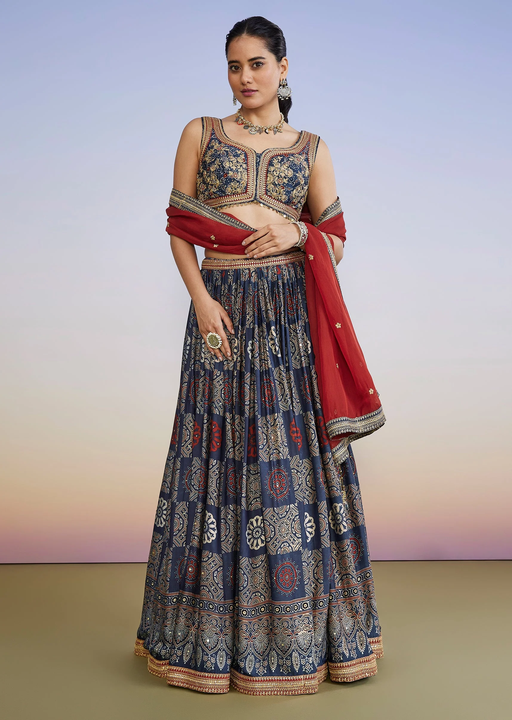 17064-dir-69691c7bdcc3-m-variation-1.webp Blue Ajrakh Hand Dyed Printed Lehenga Set With Zari Dupatta