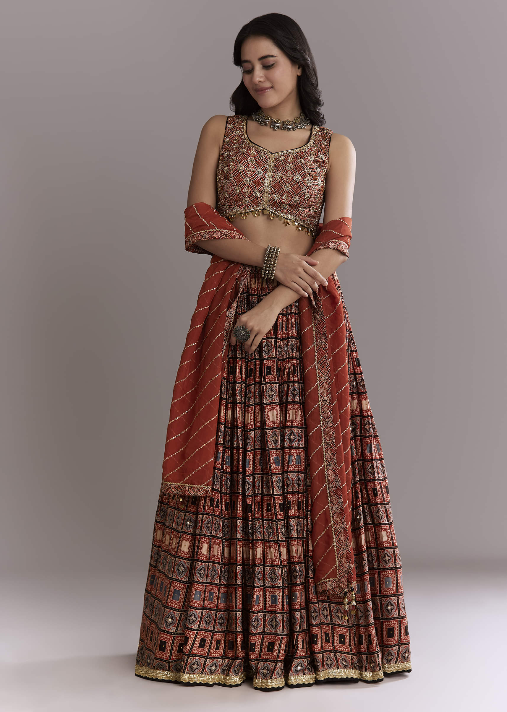 17068-maroon-modal-bridesmaid-lehenga-with-hand-dyed-ajrakh-print-1.jpg Maroon Modal Bridesmaid Lehenga With Hand Dyed Ajrakh Print