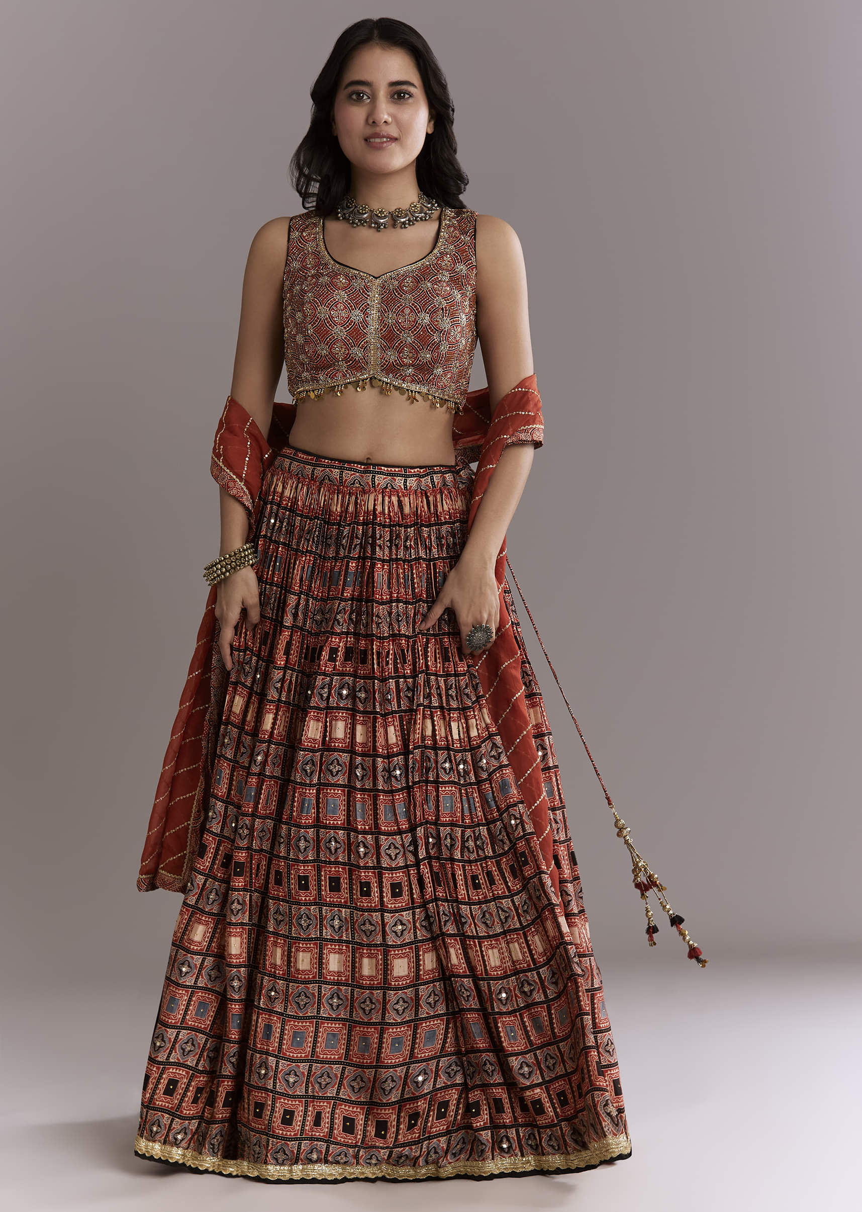 Maroon Modal Bridesmaid Lehenga With Hand Dyed Ajrakh Print