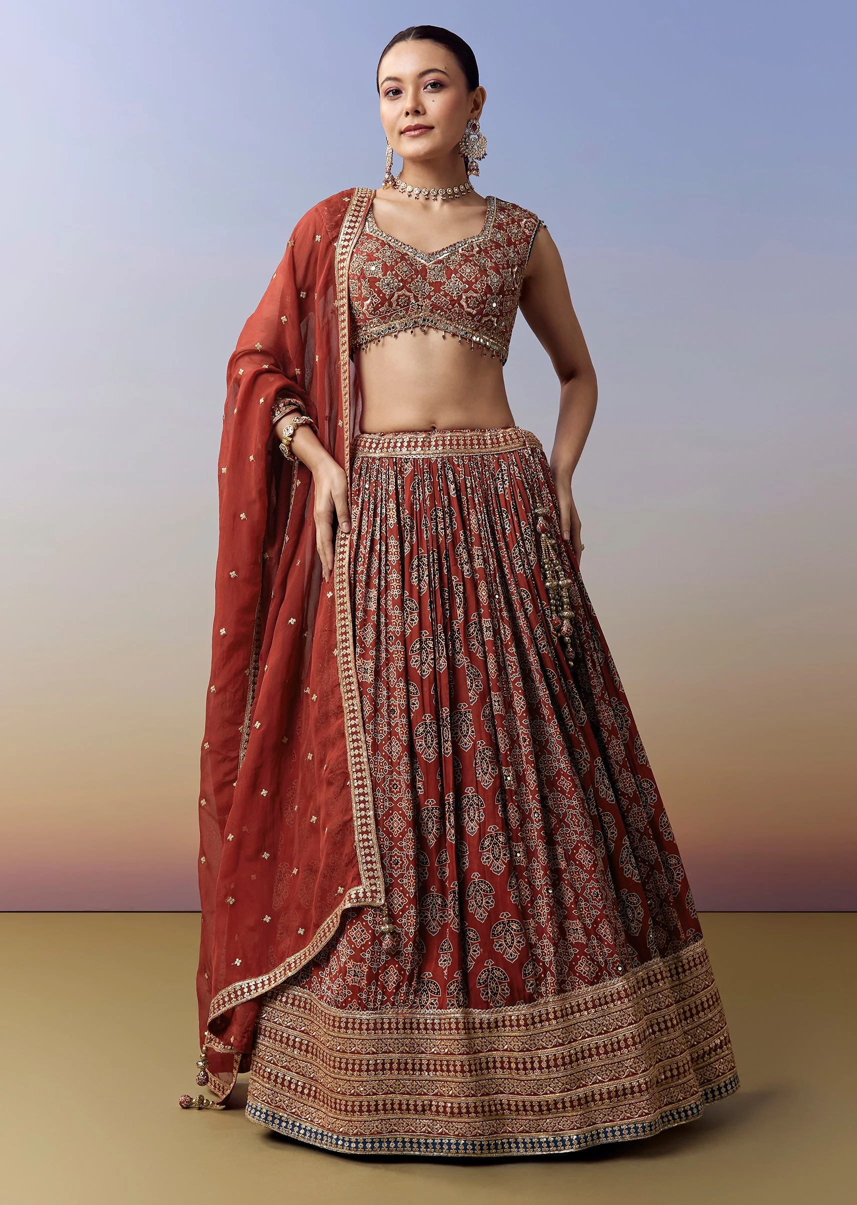 17075-maroon-lehenga-with-ajrakh-print-and-mirror-cut-dana-sequins-work-1.webp Maroon Lehenga With Ajrakh Print And Mirror Cut Dana Sequins Work