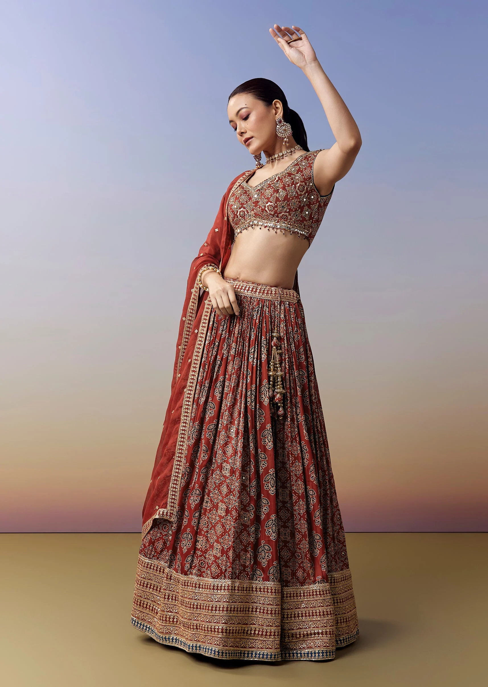 Maroon Lehenga With Ajrakh Print And Mirror Cut Dana Sequins Work