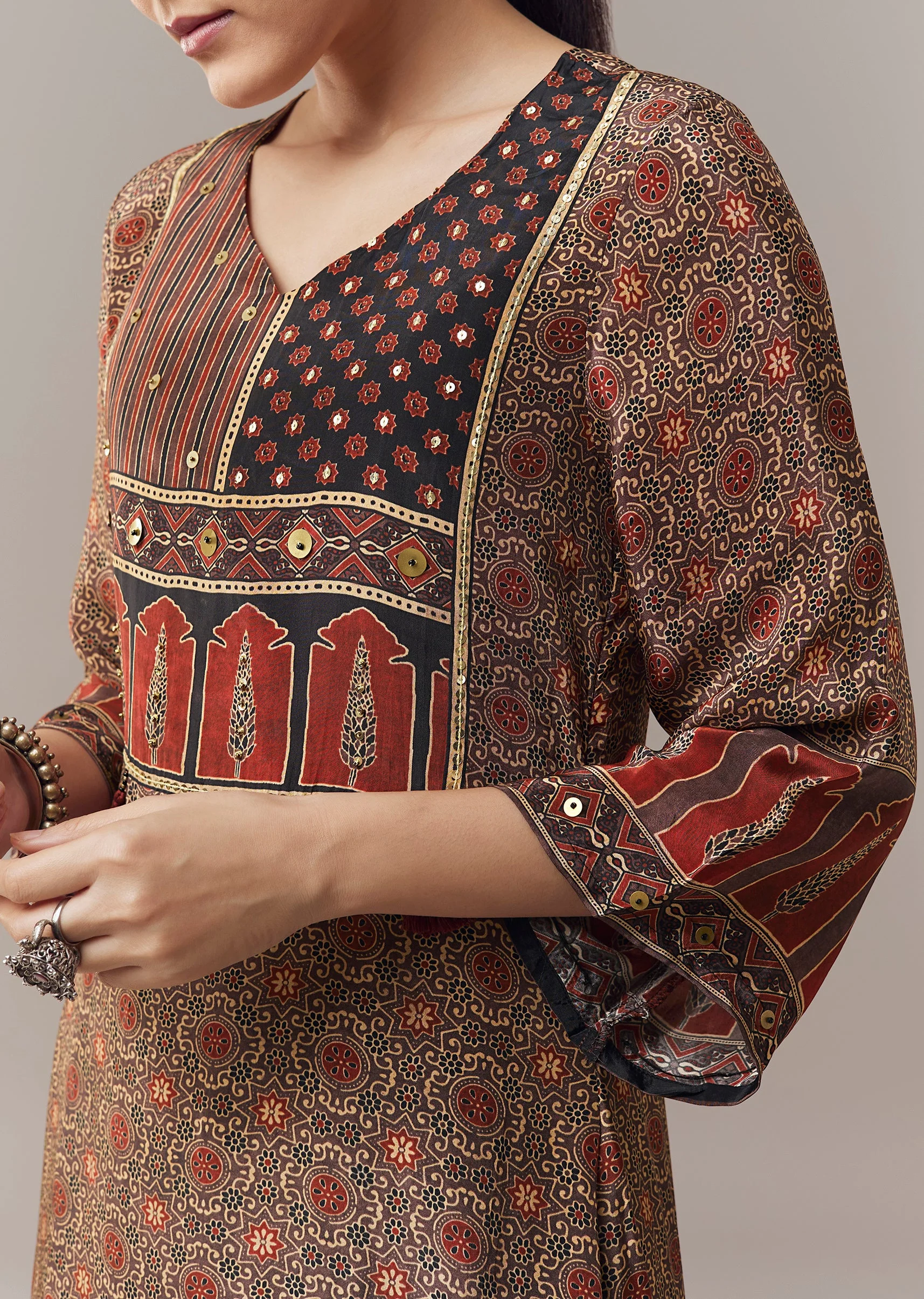Maroon Coord Set In Ajrakh Print With Sequins Work