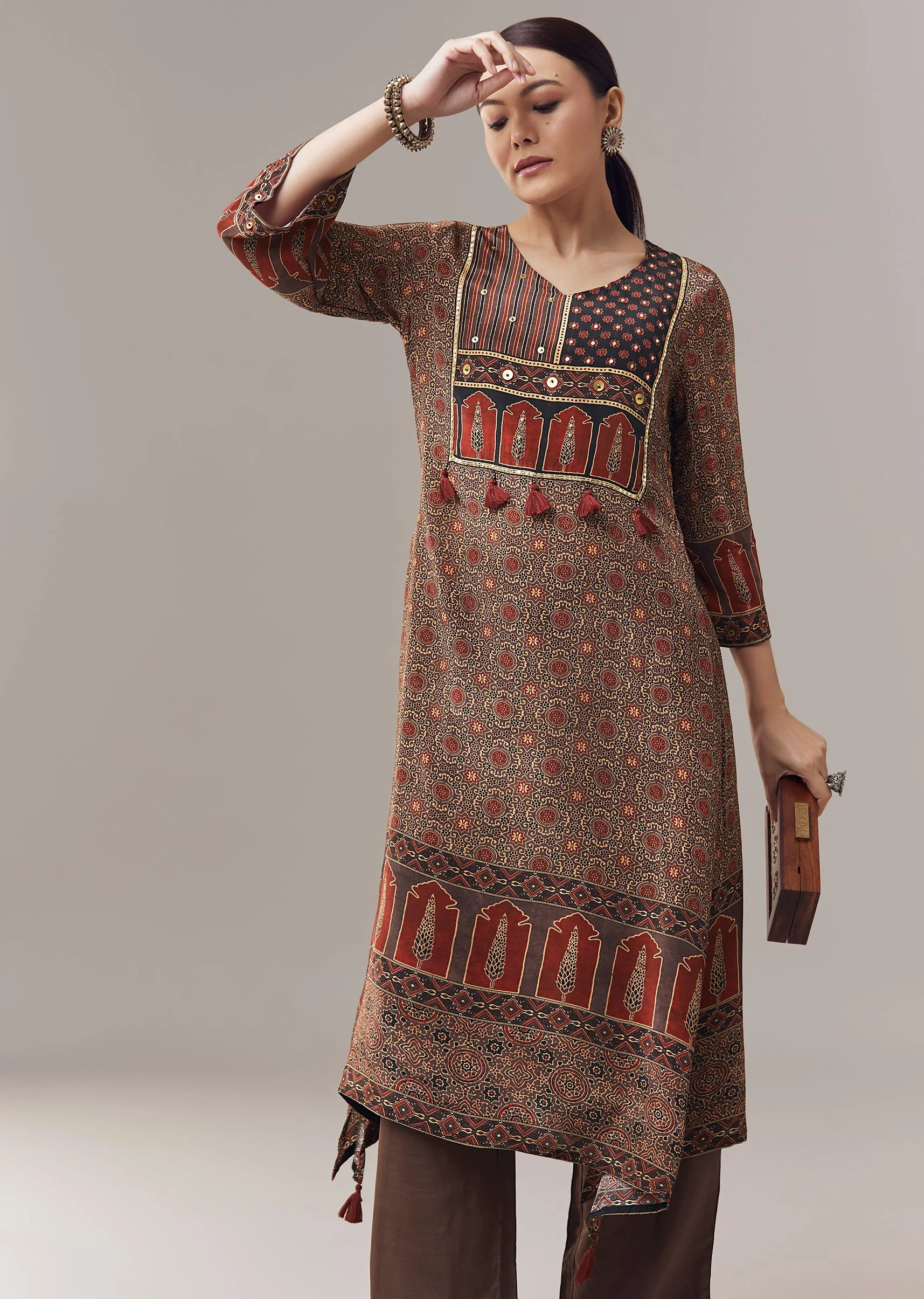 Maroon Coord Set In Ajrakh Print With Sequins Work
