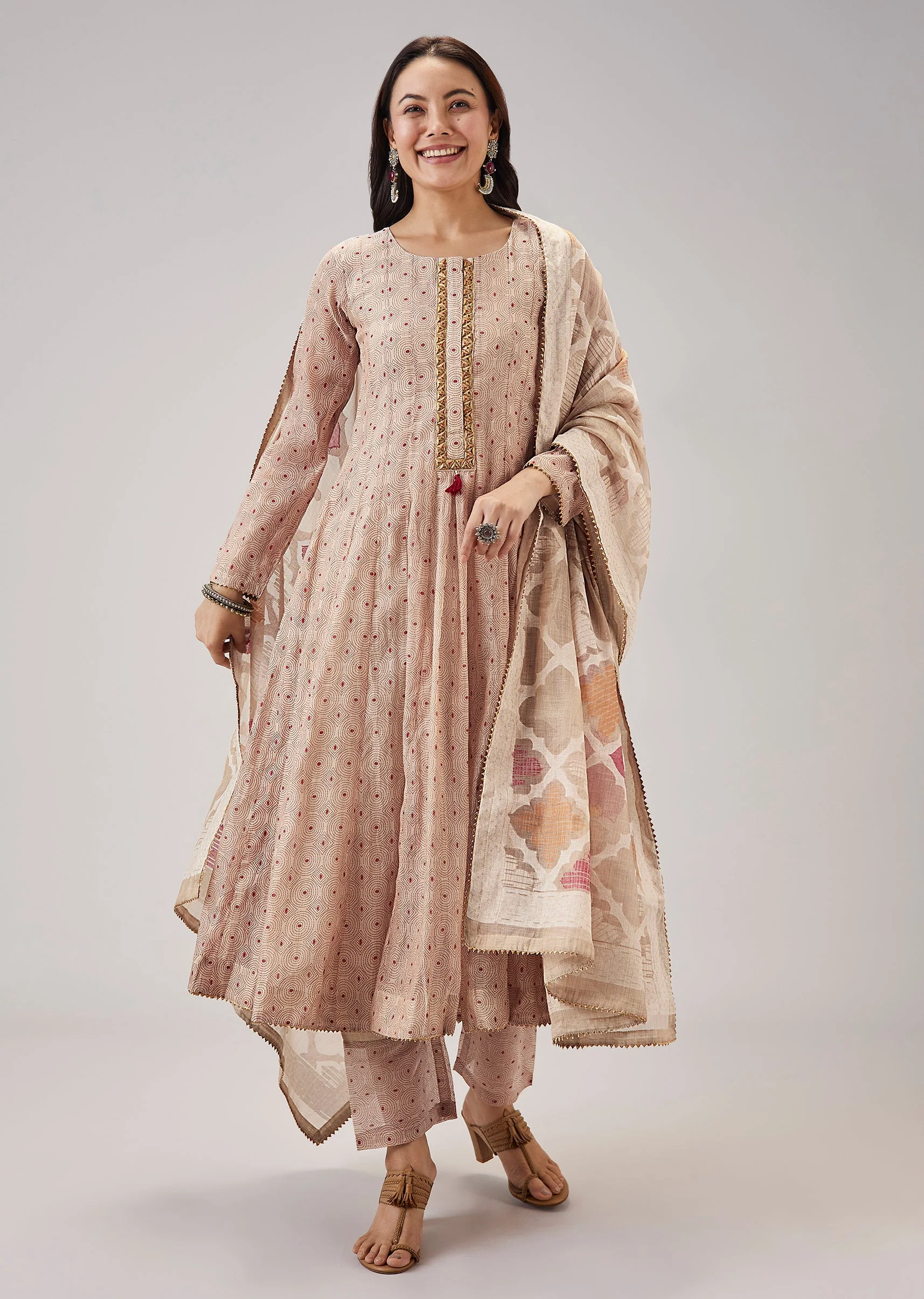 Beige Weaved Chanderi Anarkali Set