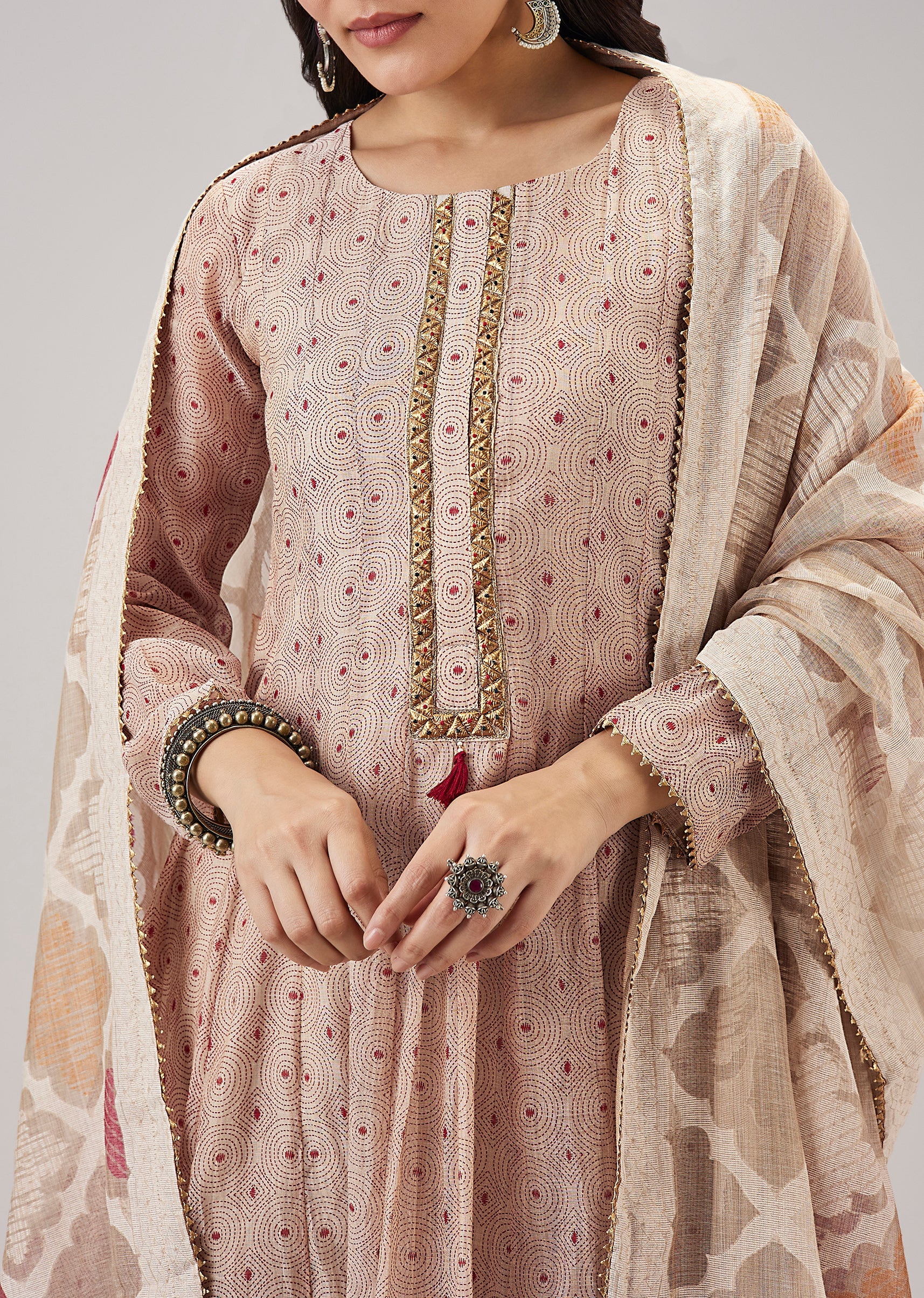 Beige Weaved Chanderi Anarkali Set