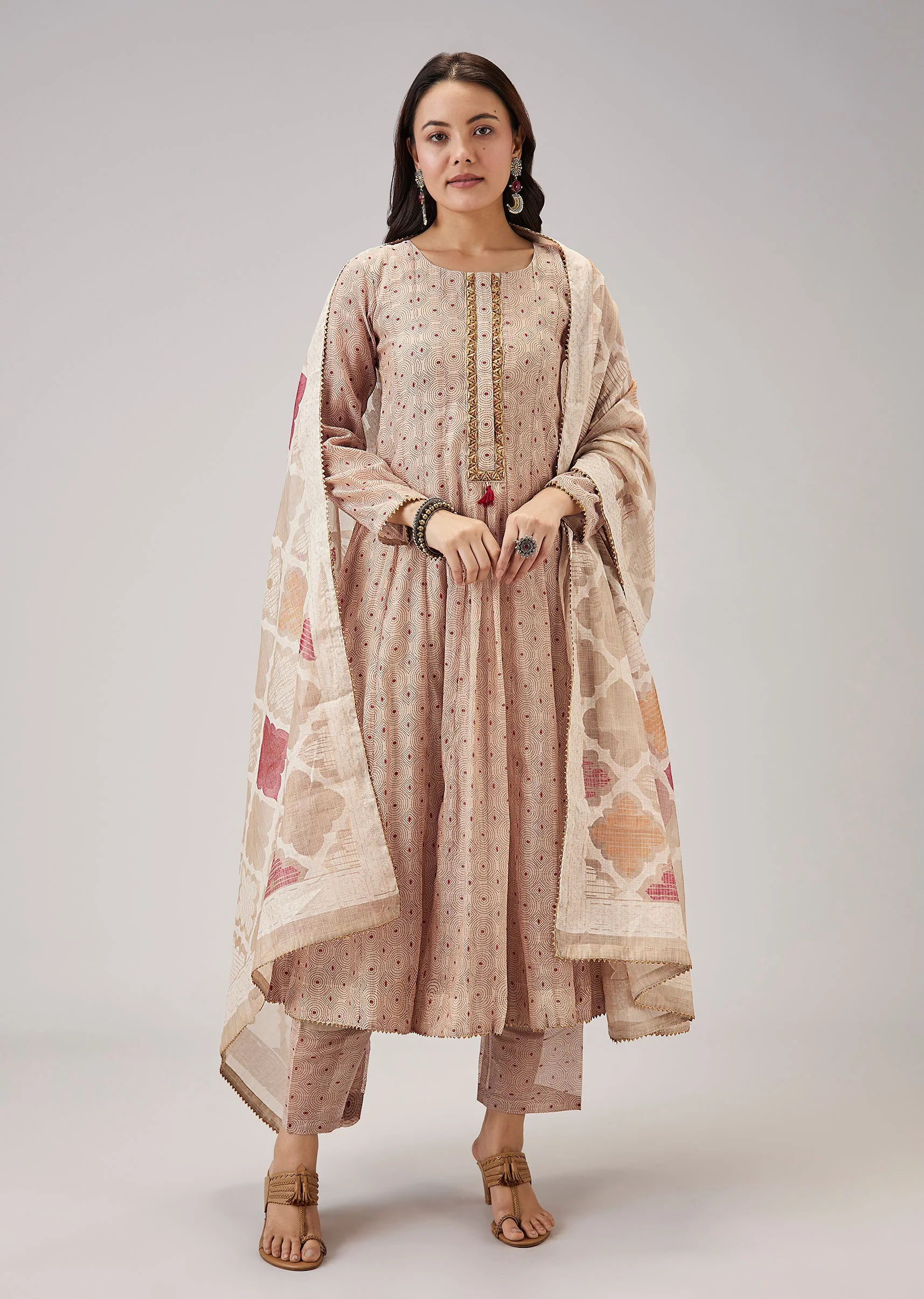 Beige Weaved Chanderi Anarkali Set