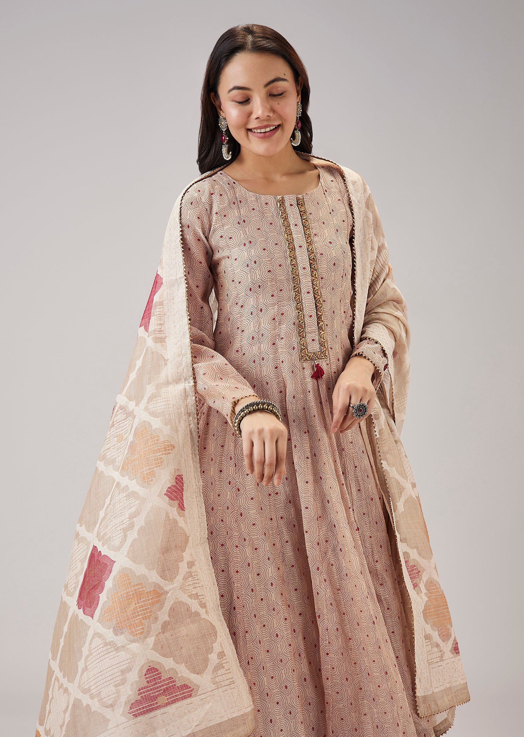 Beige Weaved Chanderi Anarkali Set