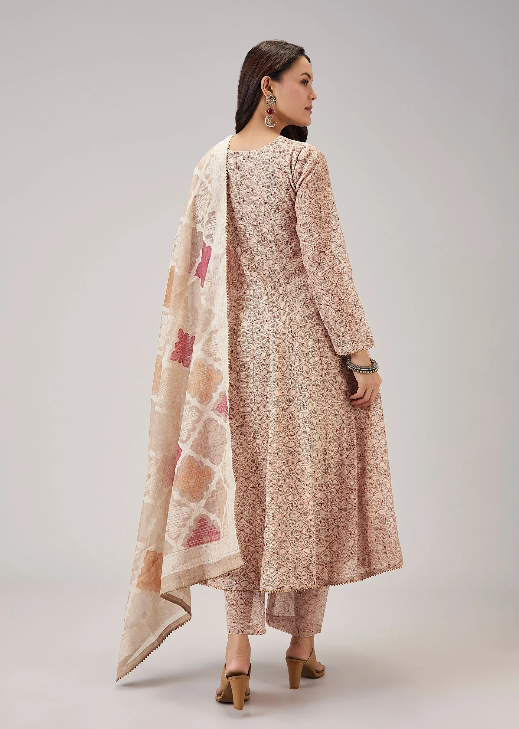 Beige Weaved Chanderi Anarkali Set