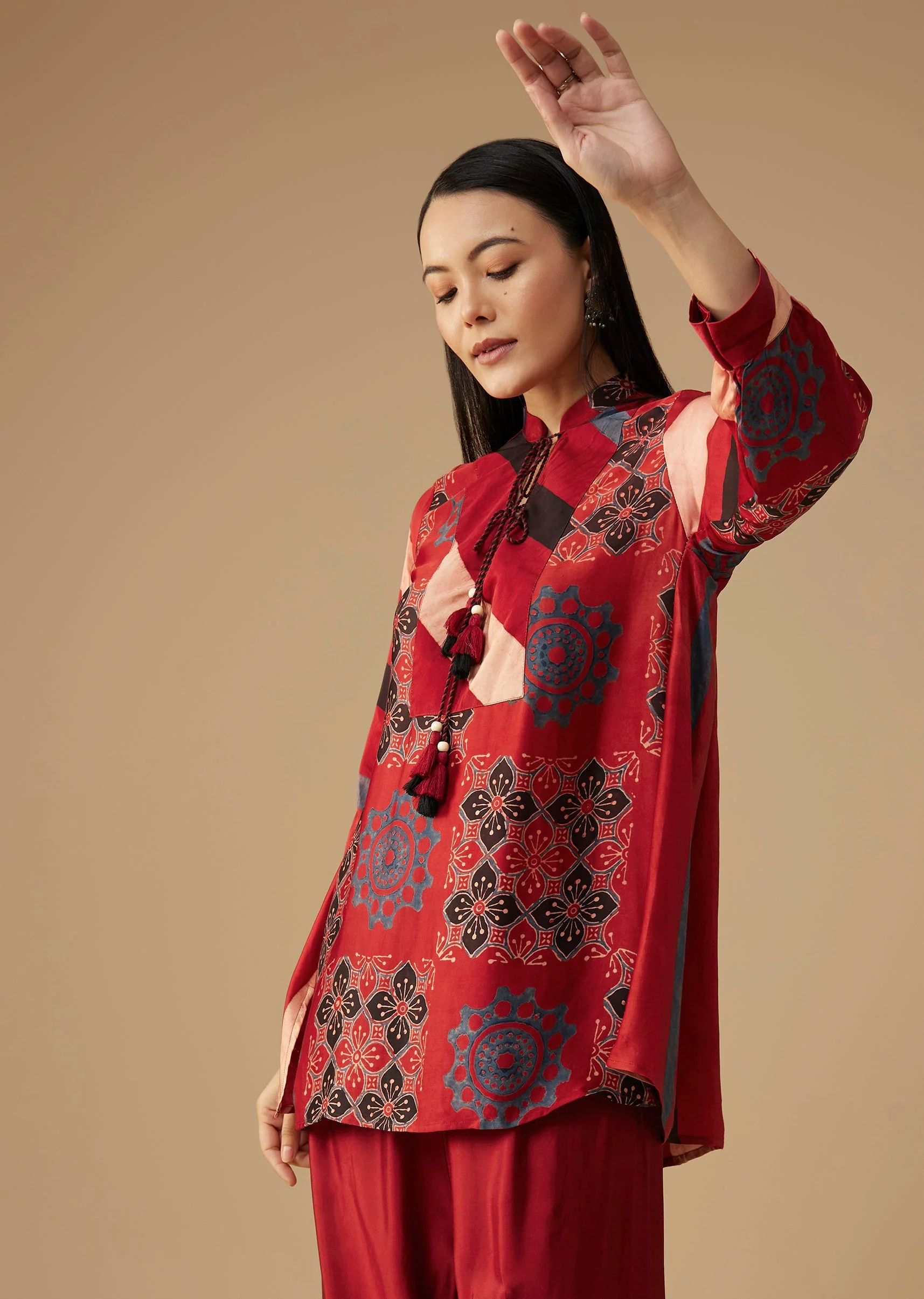 Red Hand Dyed Ajrakh Tunic and Pant Set