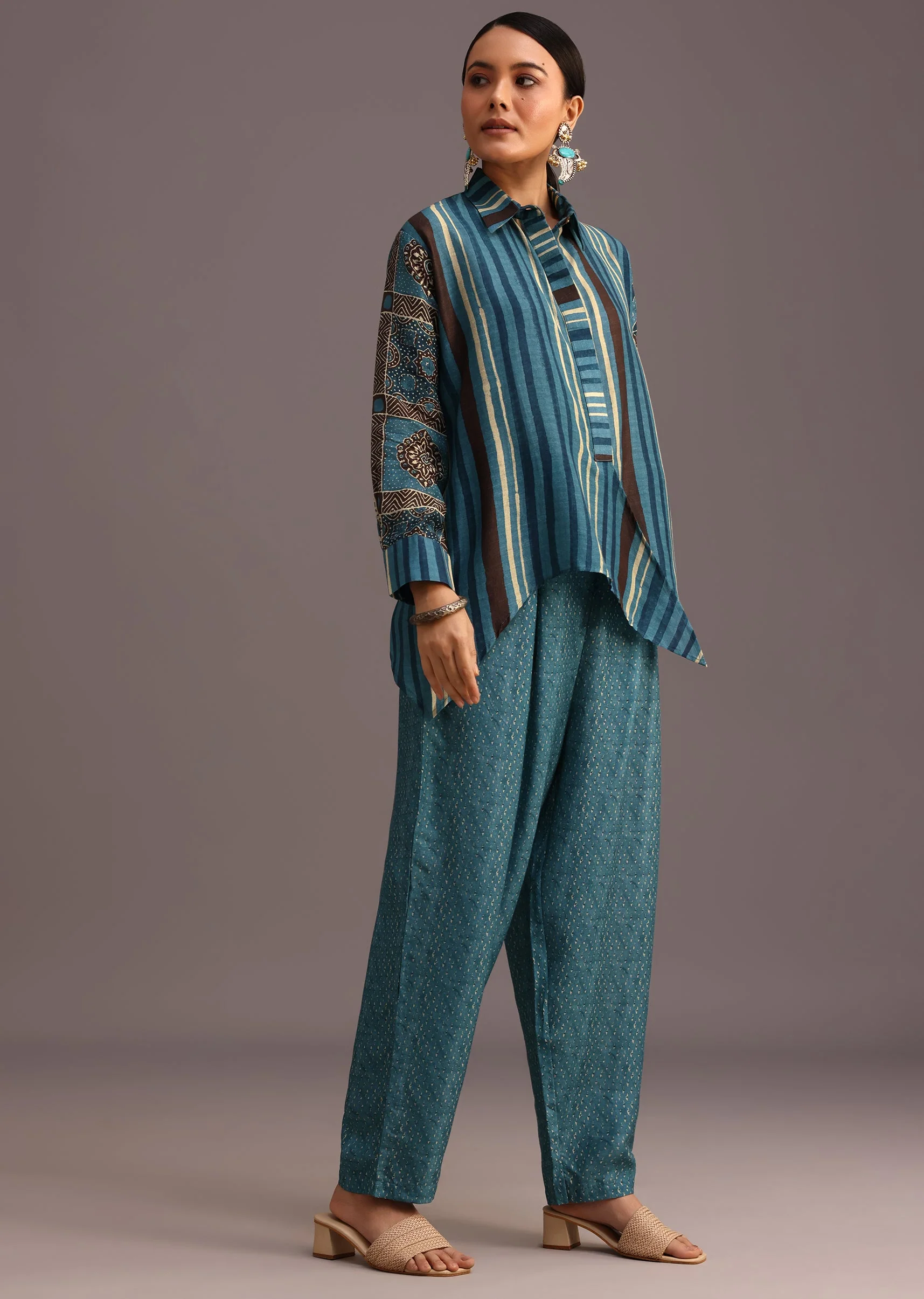 Blue Printed Shirt Salwar Set With Embroidery