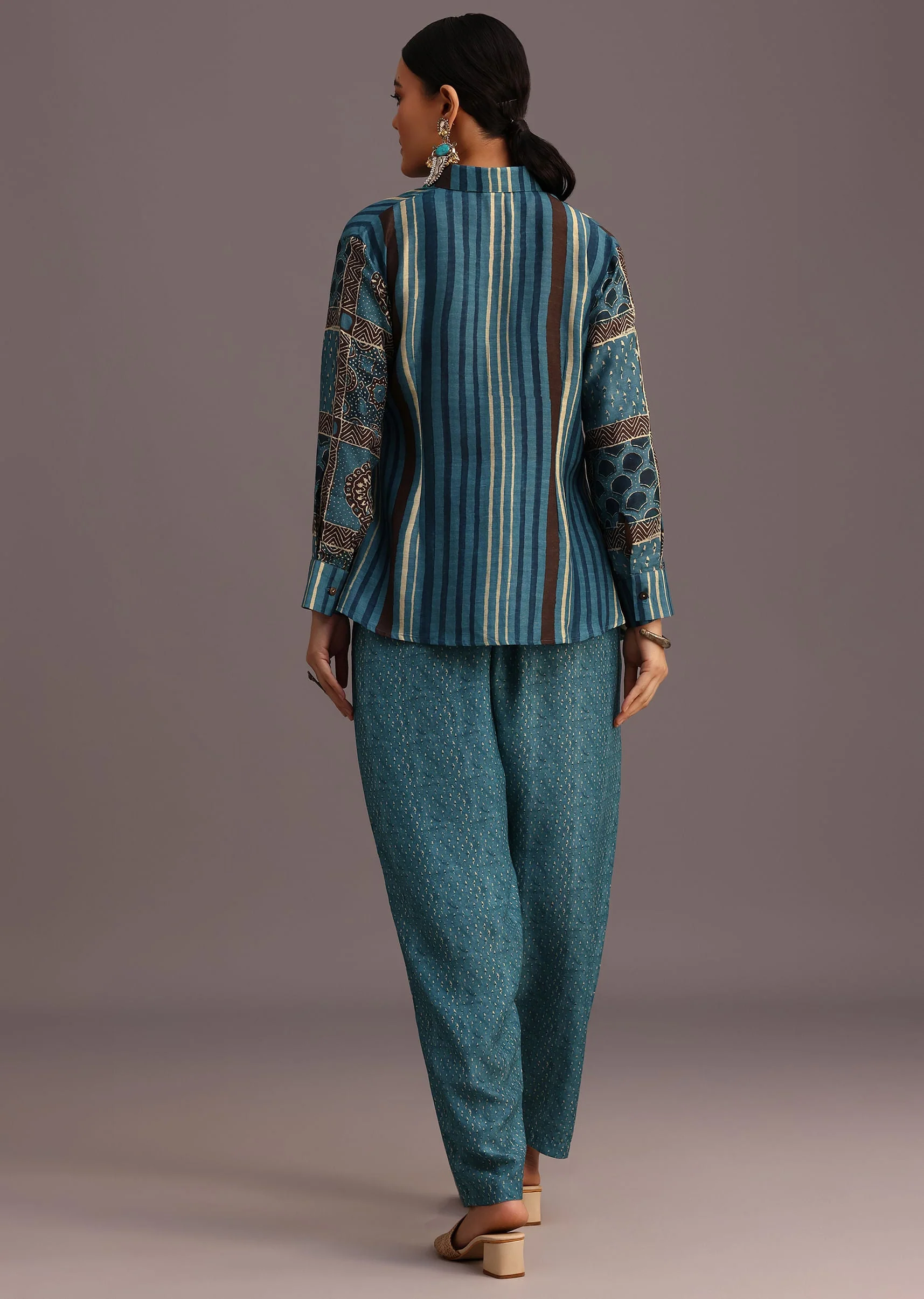 Blue Printed Shirt Salwar Set With Embroidery