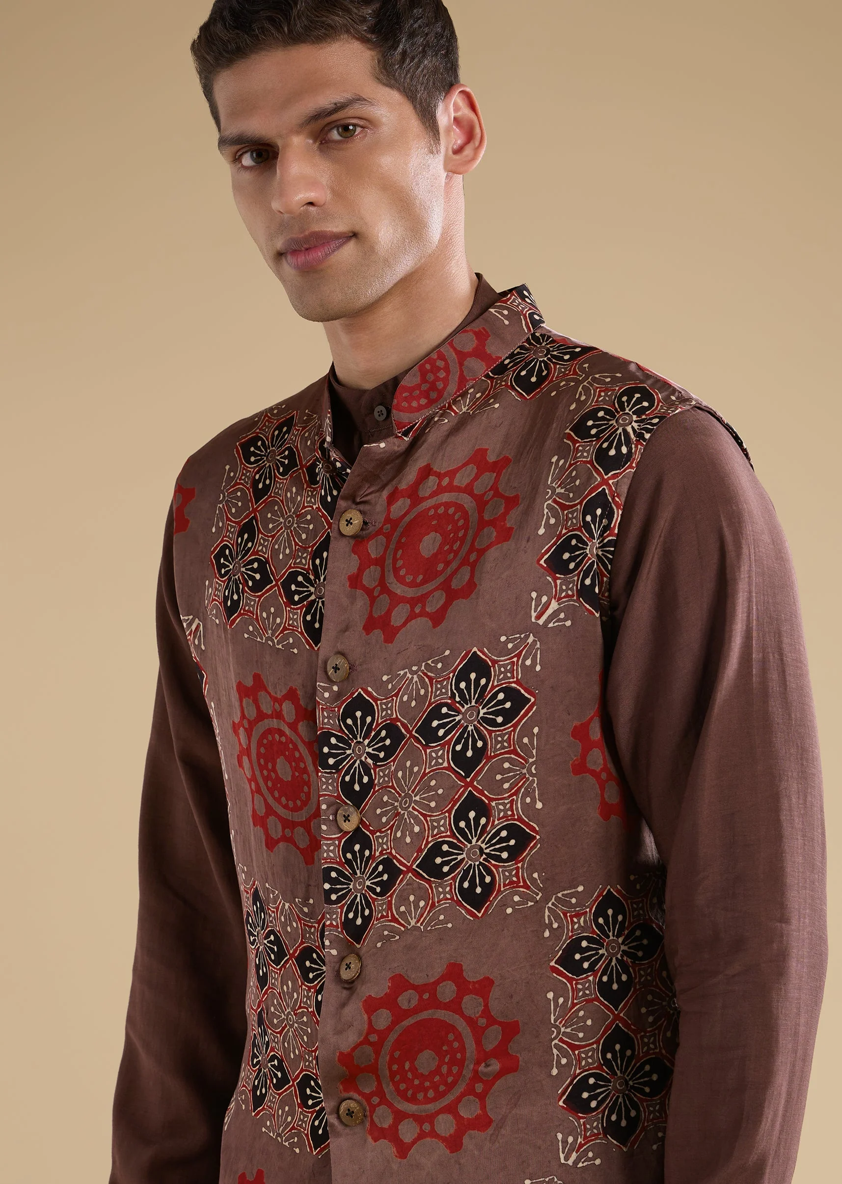 Rust Ajrakh Printed Kurta Jacket Set