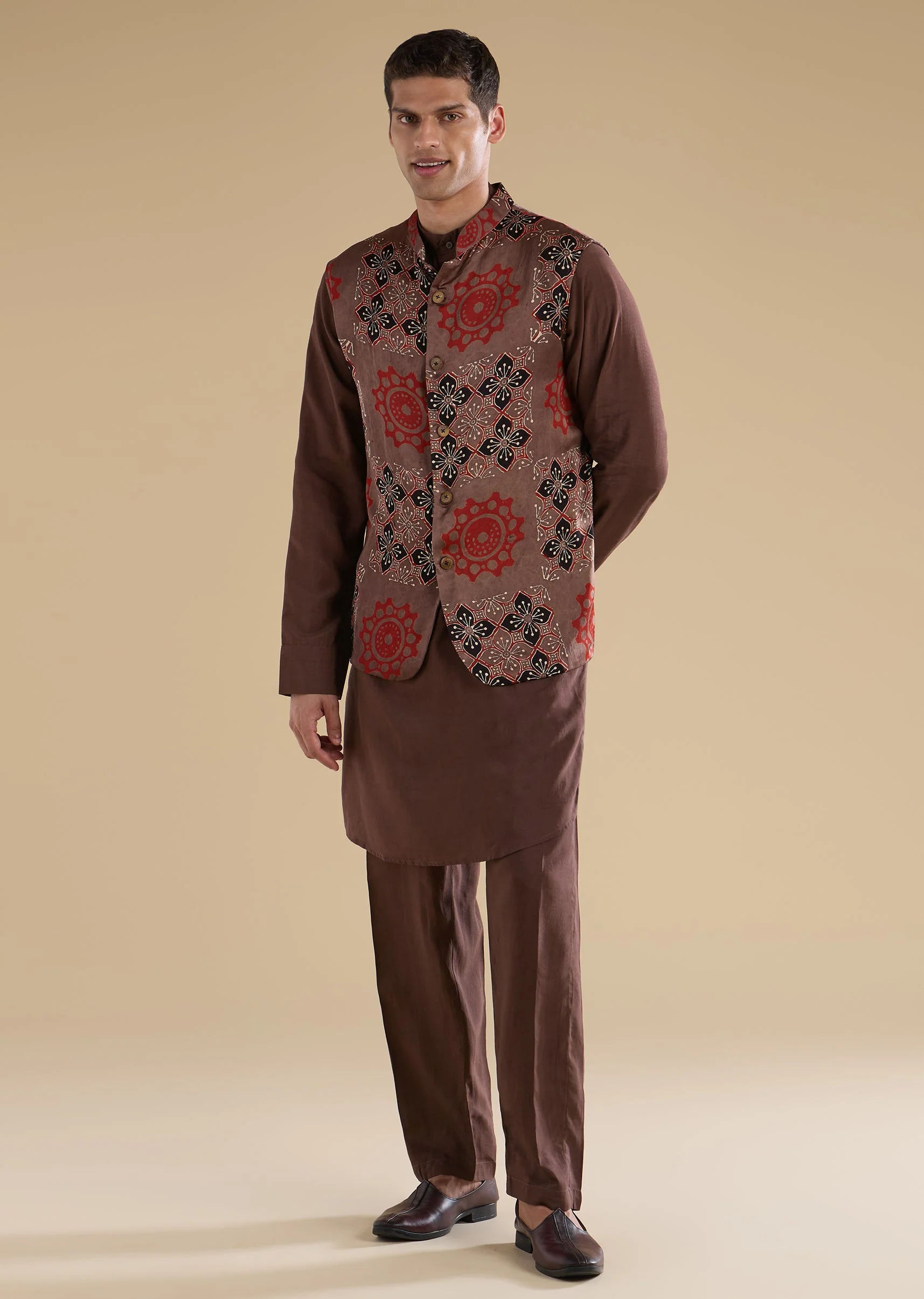 Rust Ajrakh Printed Kurta Jacket Set