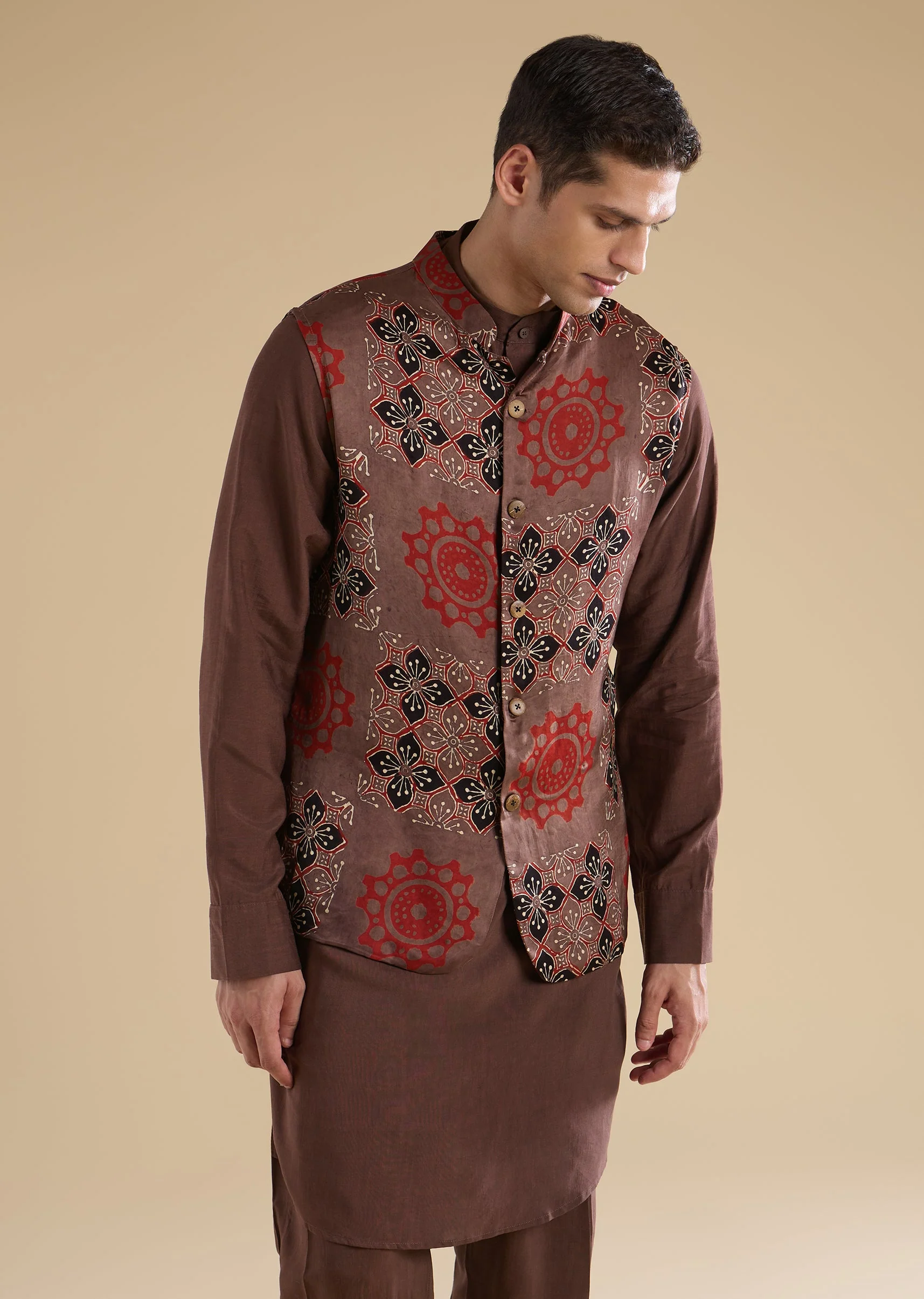 Rust Ajrakh Printed Kurta Jacket Set