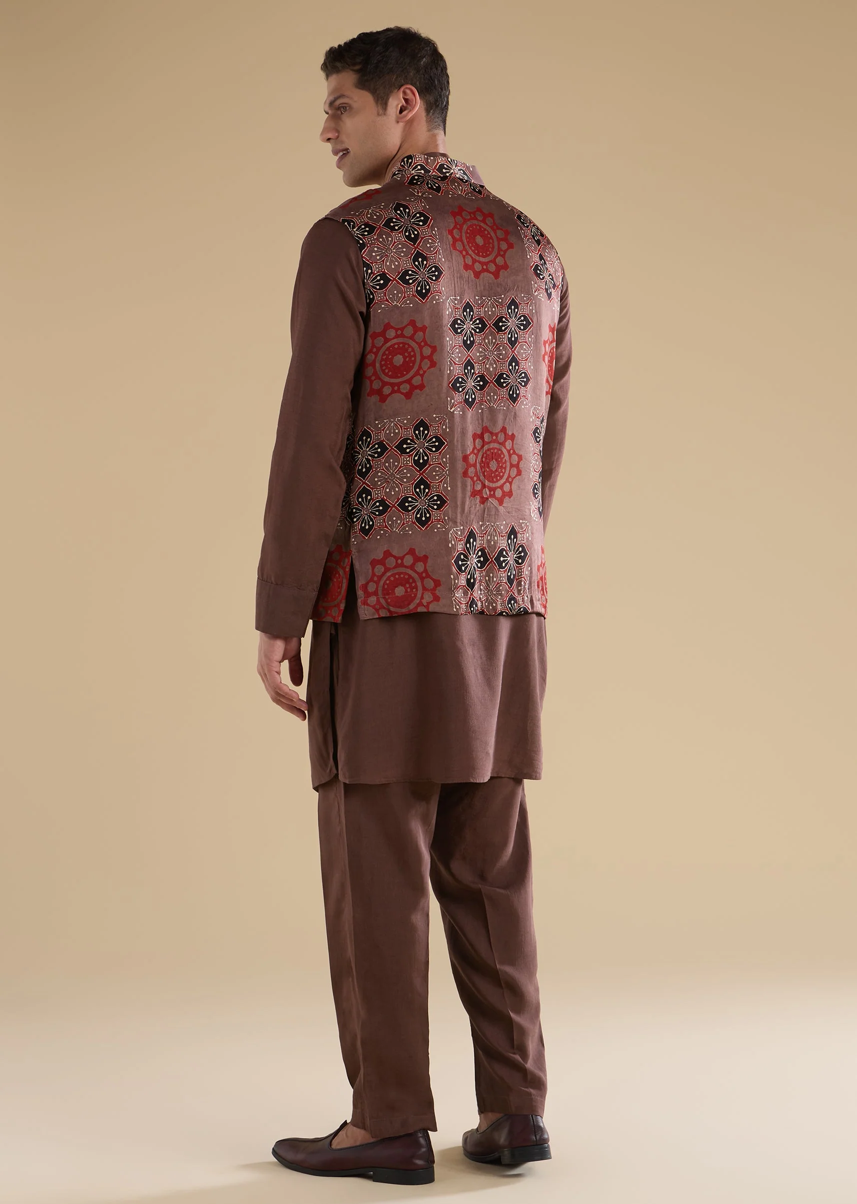 Rust Ajrakh Printed Kurta Jacket Set