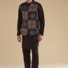 Black Ajrakh Printed Kurta Jacket Set