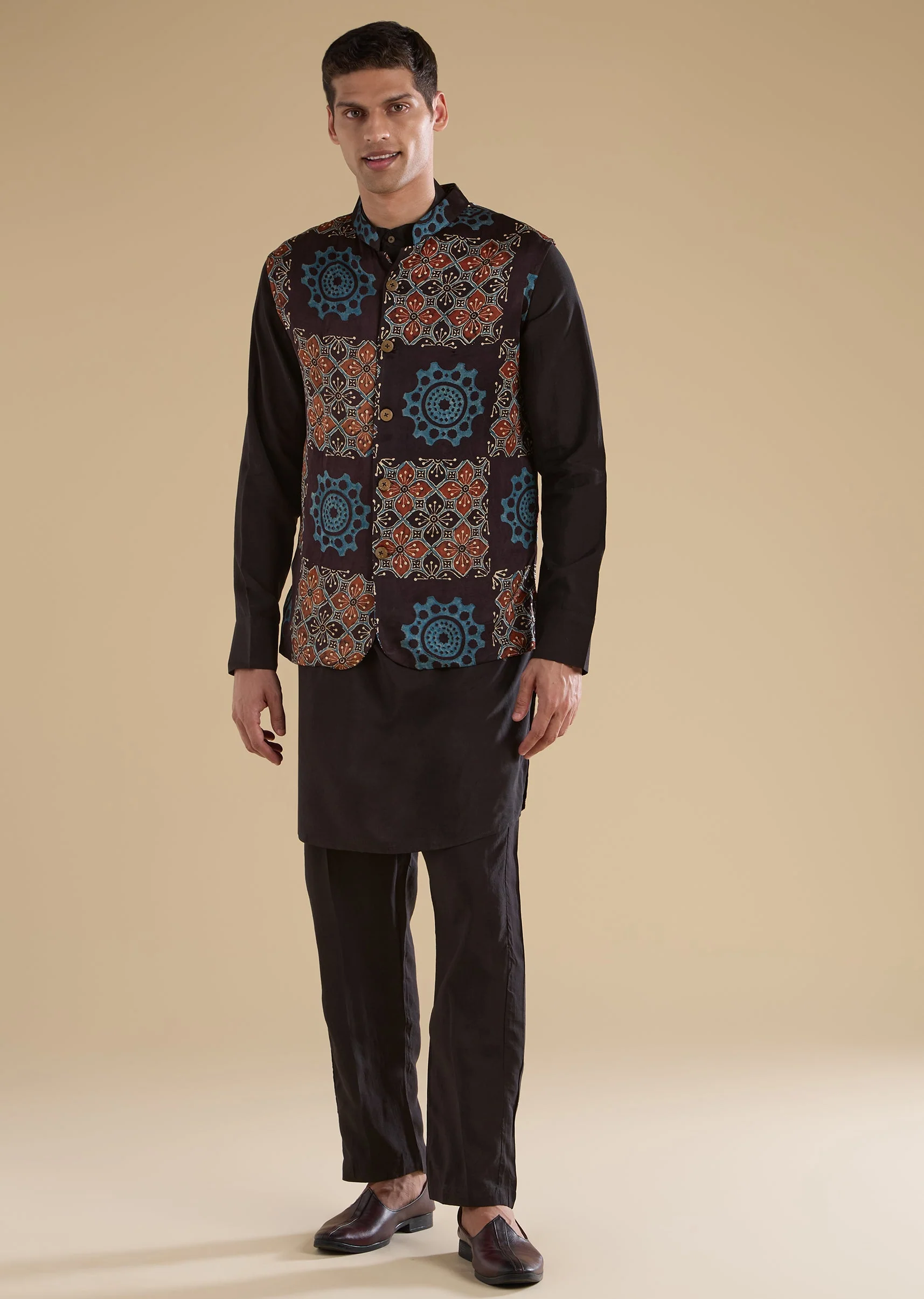 17131-black-ajrakh-printed-kurta-jacket-set-1.webp Black Ajrakh Printed Kurta Jacket Set