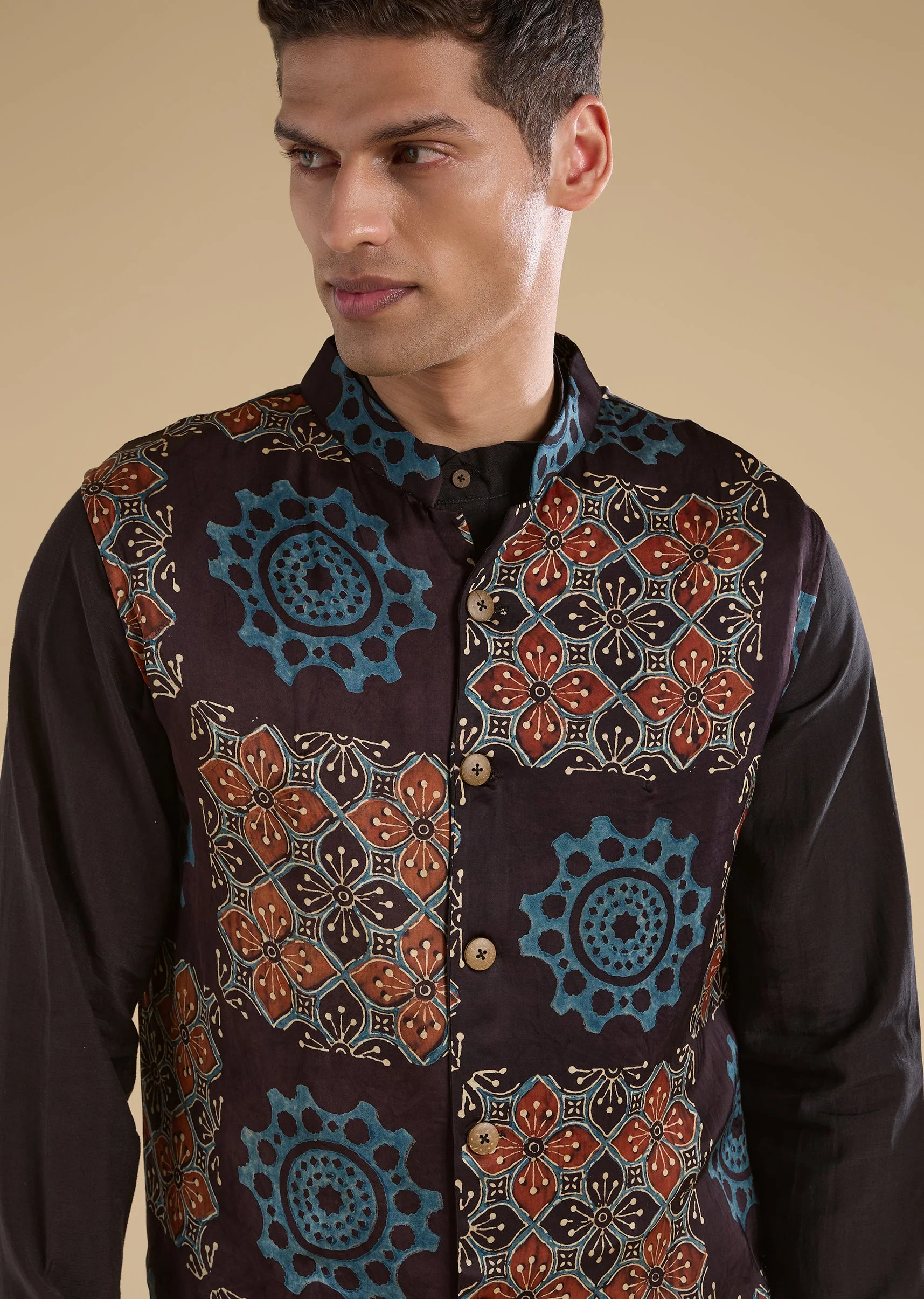 Black Ajrakh Printed Kurta Jacket Set
