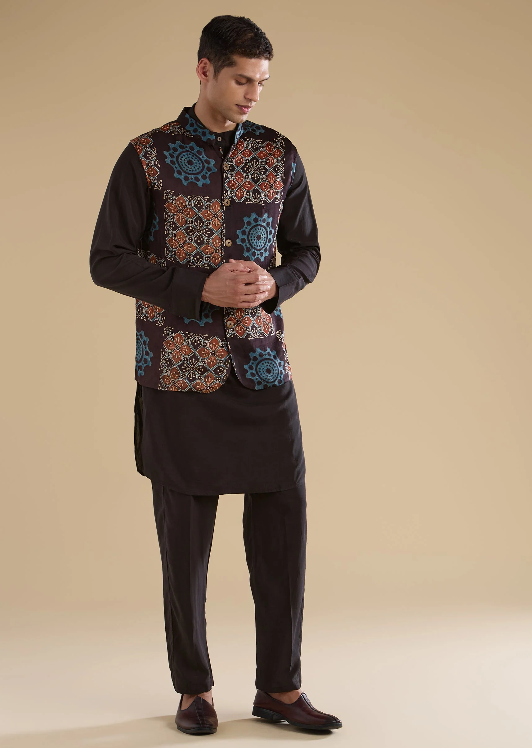 Black Ajrakh Printed Kurta Jacket Set