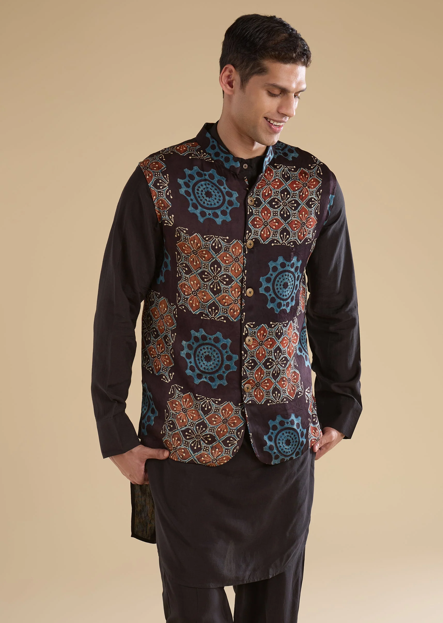 Black Ajrakh Printed Kurta Jacket Set