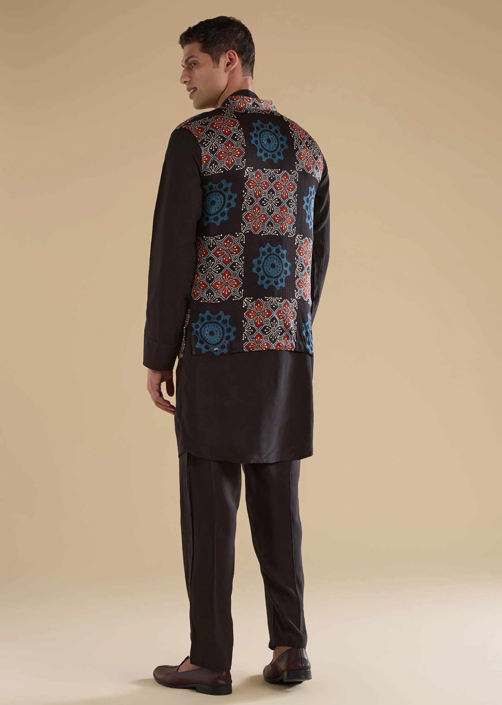 Black Ajrakh Printed Kurta Jacket Set