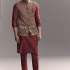 Red Silk Kurta Jacket Set For Men With Hand Block Ajrakh Print
